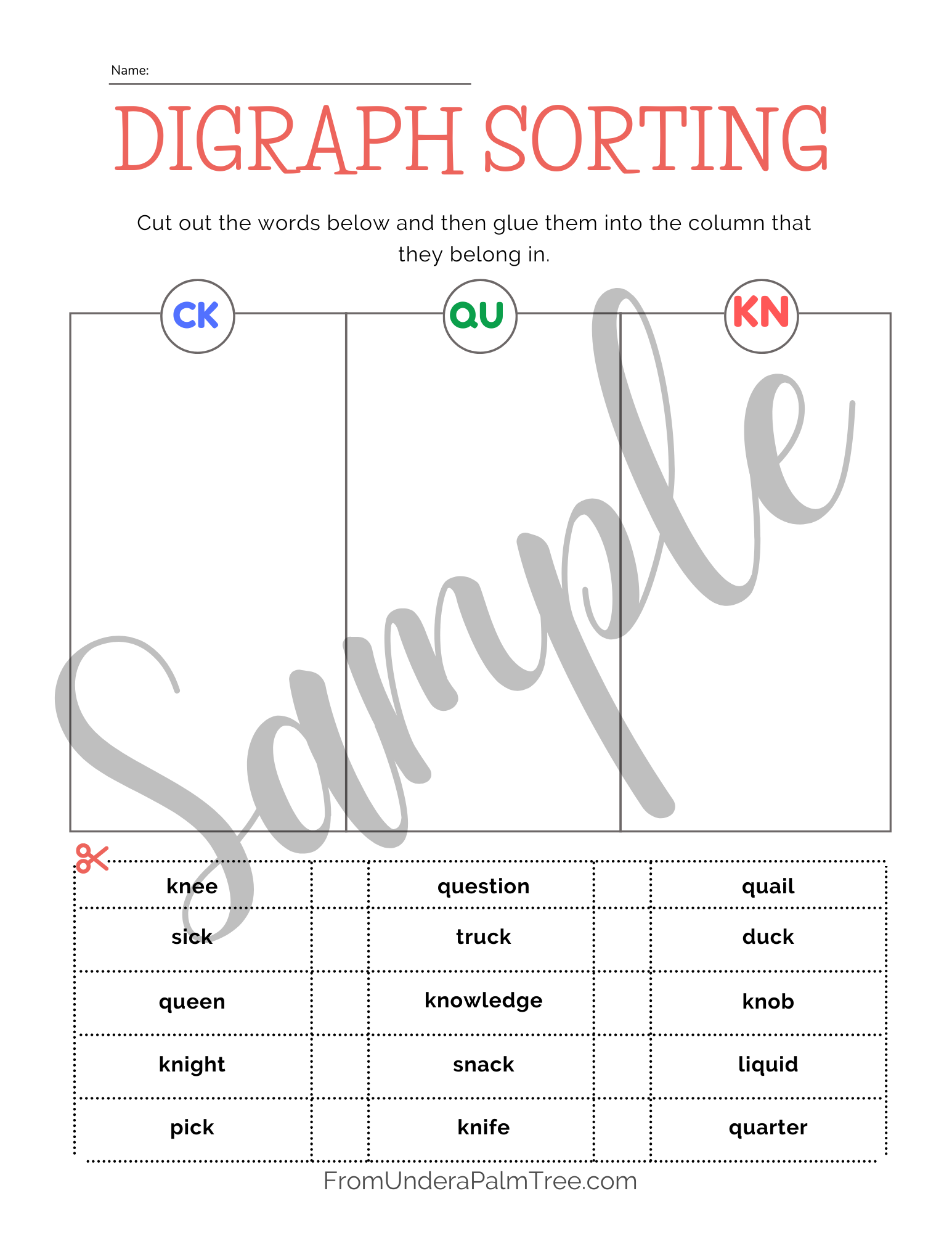 Digraphs QU KN CK Printable Pack From Under A Palm Tree