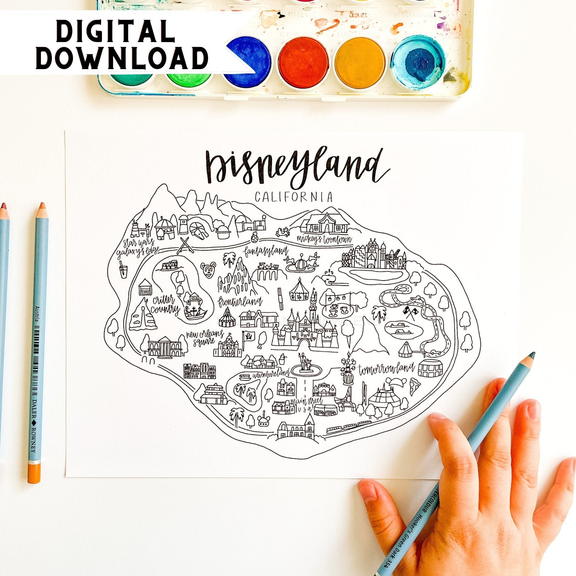 Disneyland Map Coloring Page DIGITAL DOWNLOAD Disneyland Print Out Disneyland Art Disneyland Sticker Disneyland Watercolor Etsy Finland