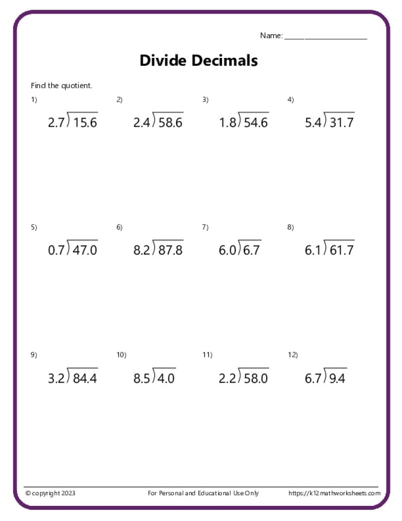 Division With Decimals Worksheets K12 Math Worksheets