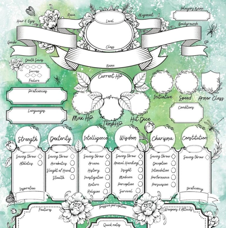 Dnd Printable Character Sheet Dnd Botanical Character Sheet Dnd Character Sheet Template D D Druid Character Sheet RPG Character Sheet Etsy