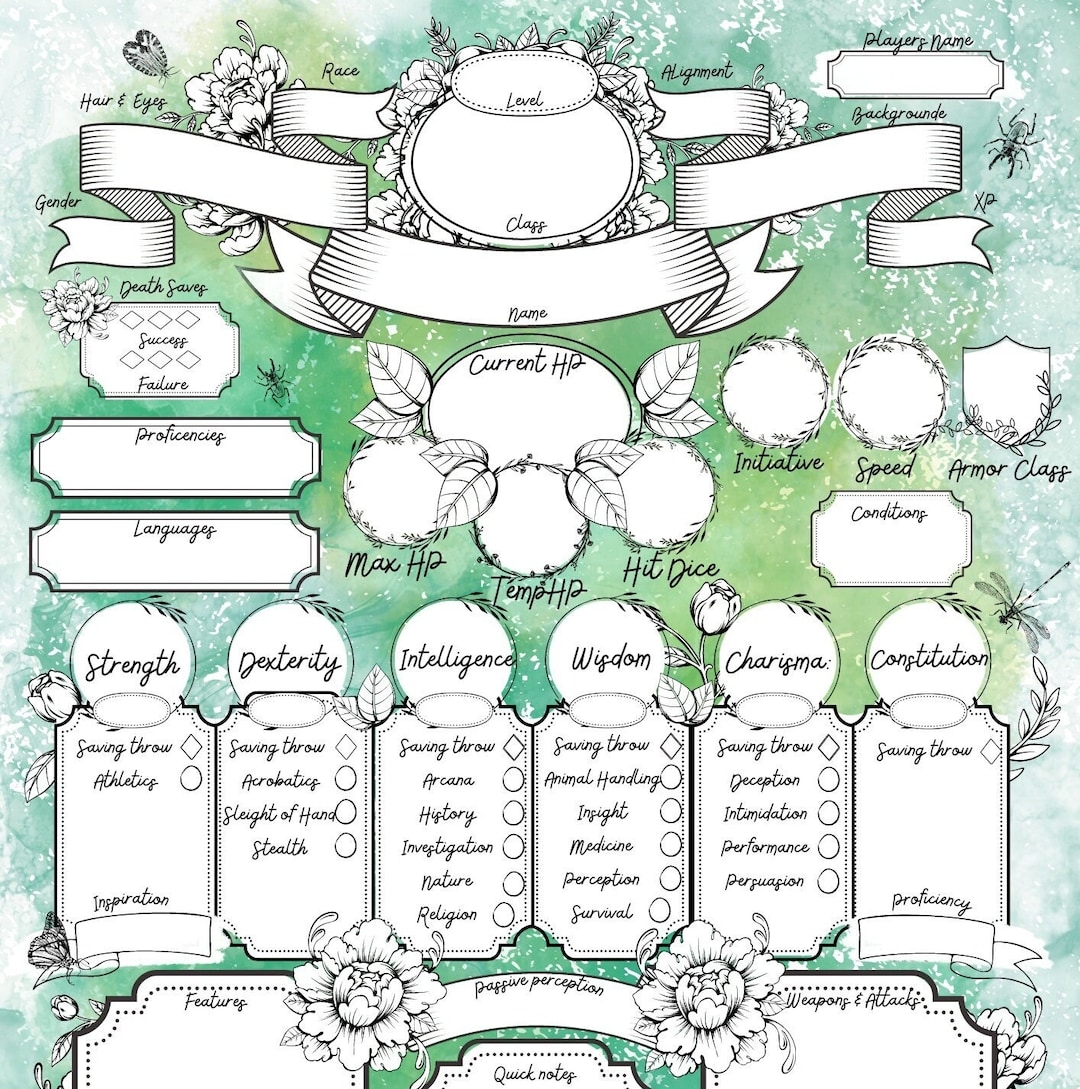 Dnd Printable Character Sheet Dnd Botanical Character Sheet Dnd Character Sheet Template D D Druid Character Sheet RPG Character Sheet Etsy