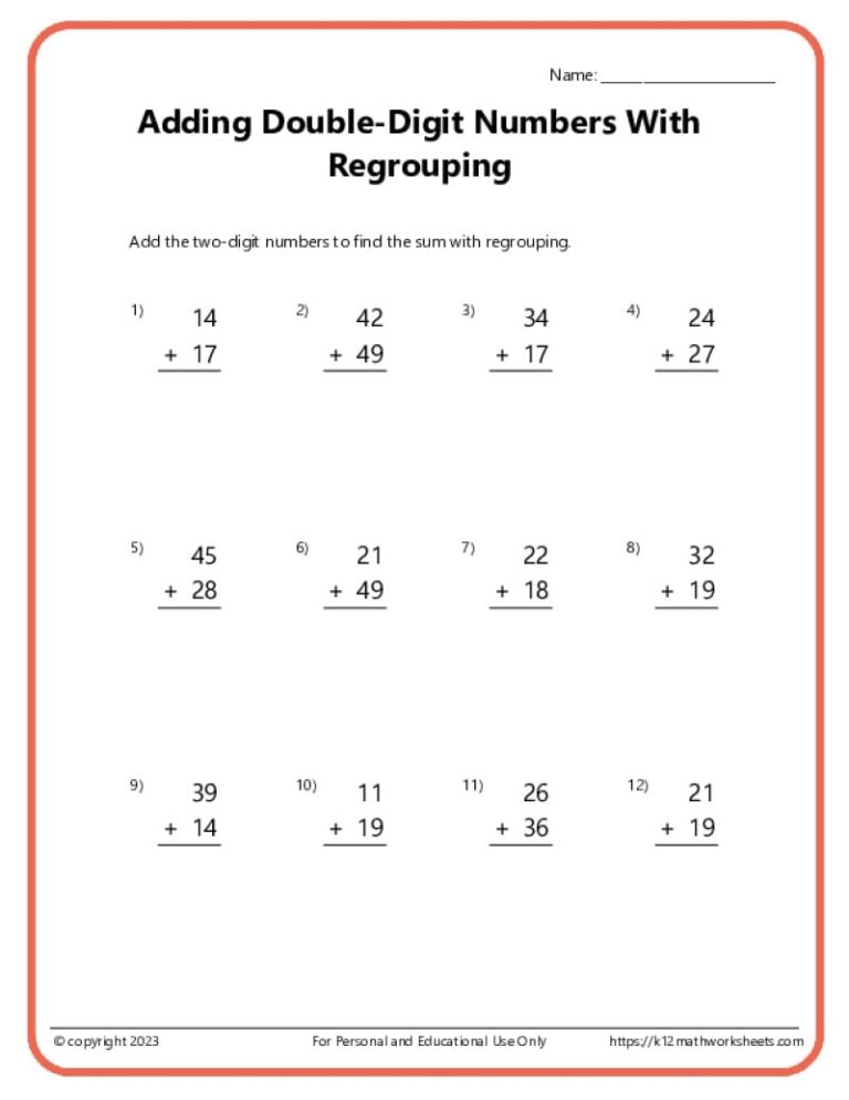 Double Digit Addition With Regrouping Worksheets