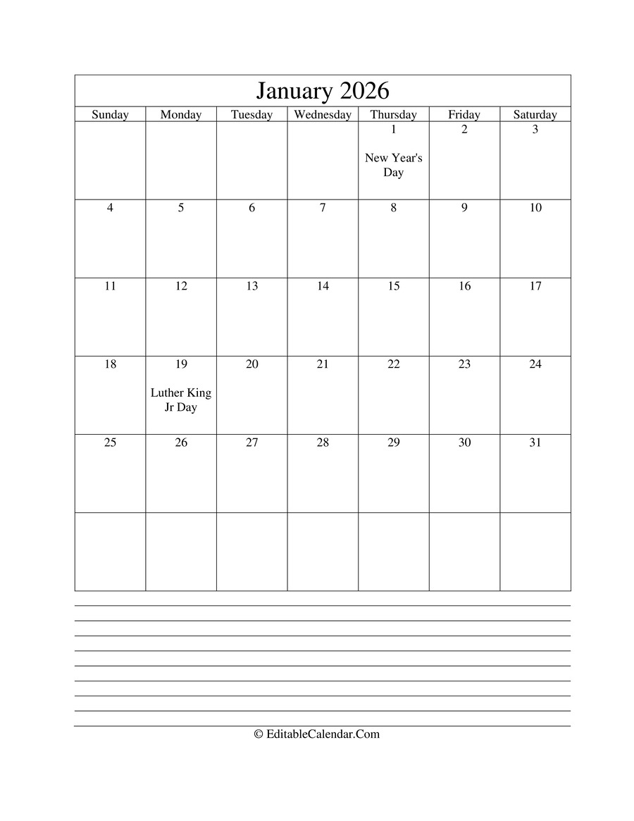 Printable Calendar 2026 Word Document