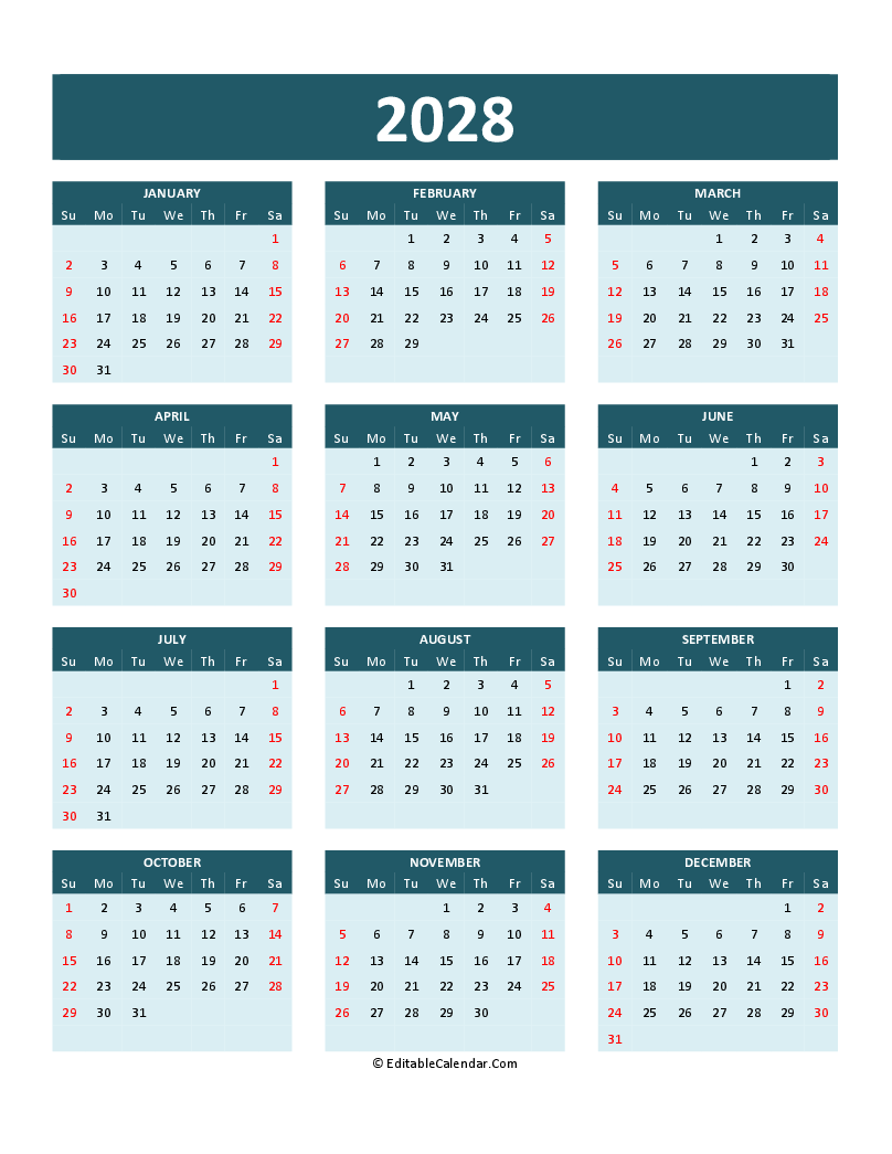Download 2028 Calendar Printable Word Pdf Word Version 