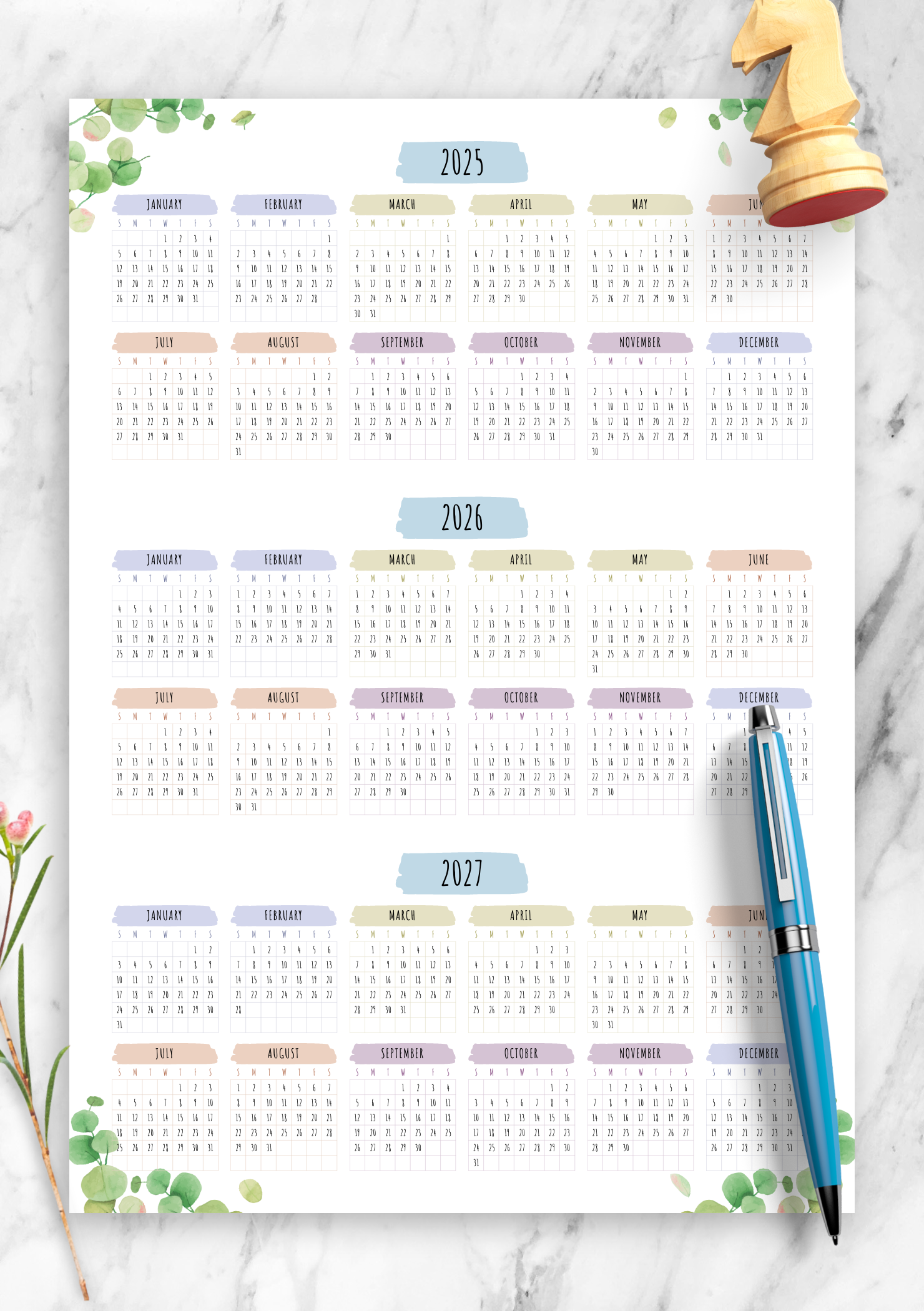 Download Printable 3 year Calendar Template Floral Style PDF