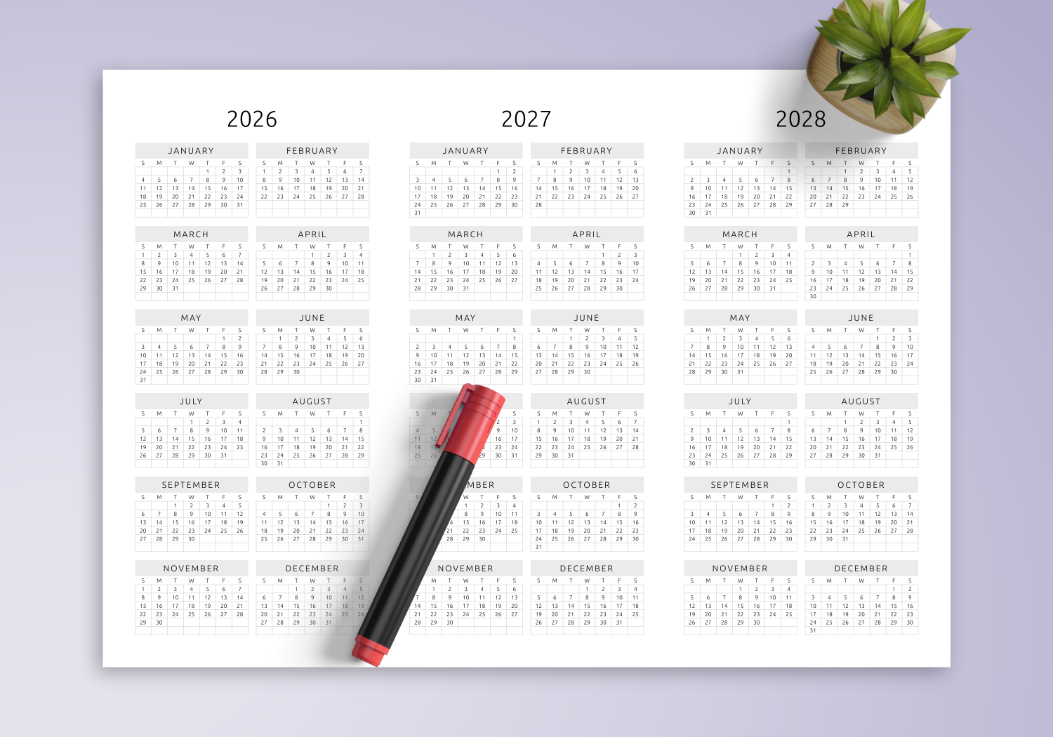Download Printable 3 year Calendar Template Original Style Landscape View PDF