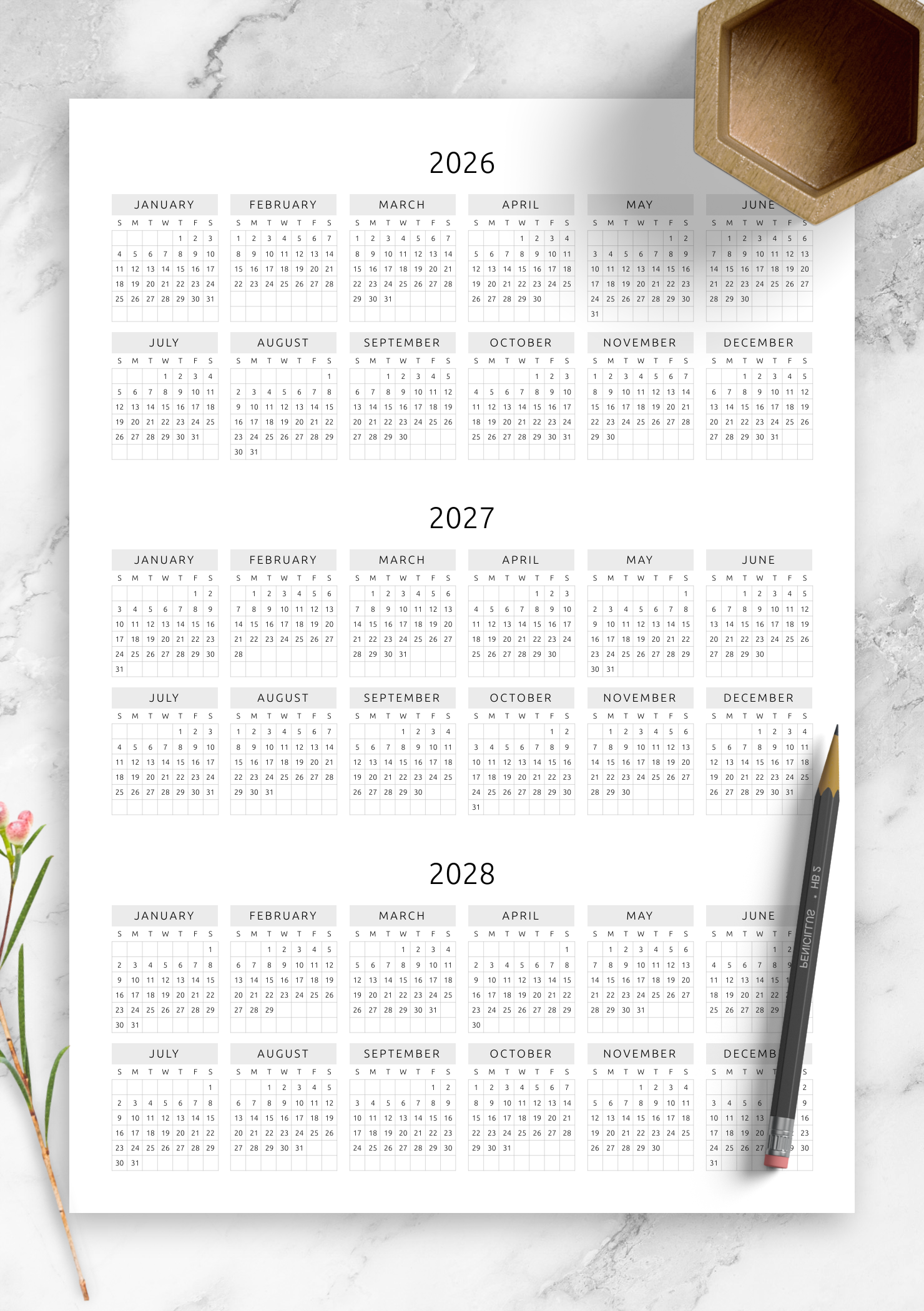Download Printable 3 year Calendar Template Original Style PDF