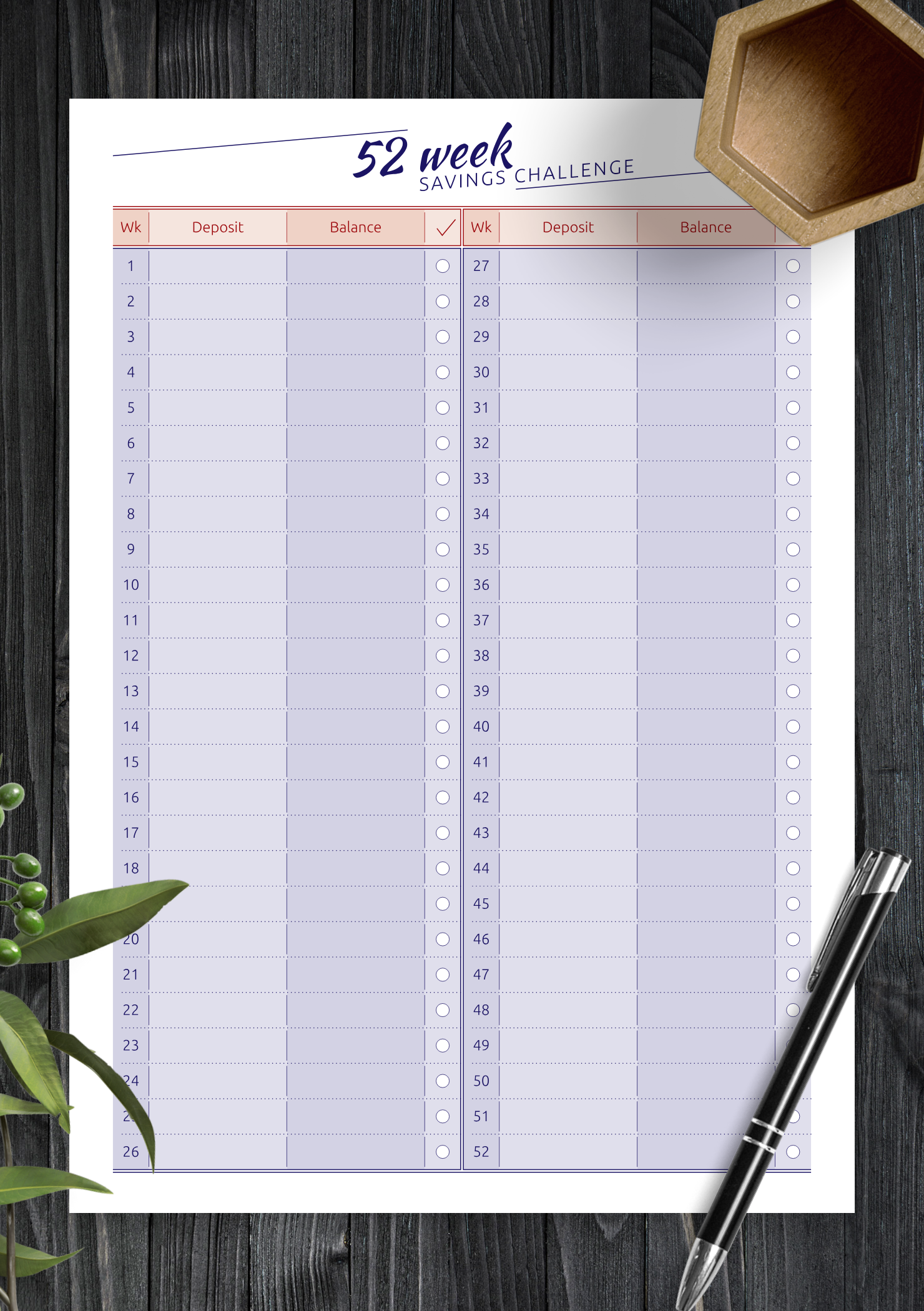 52 Week Money Challenge Calendar Printable