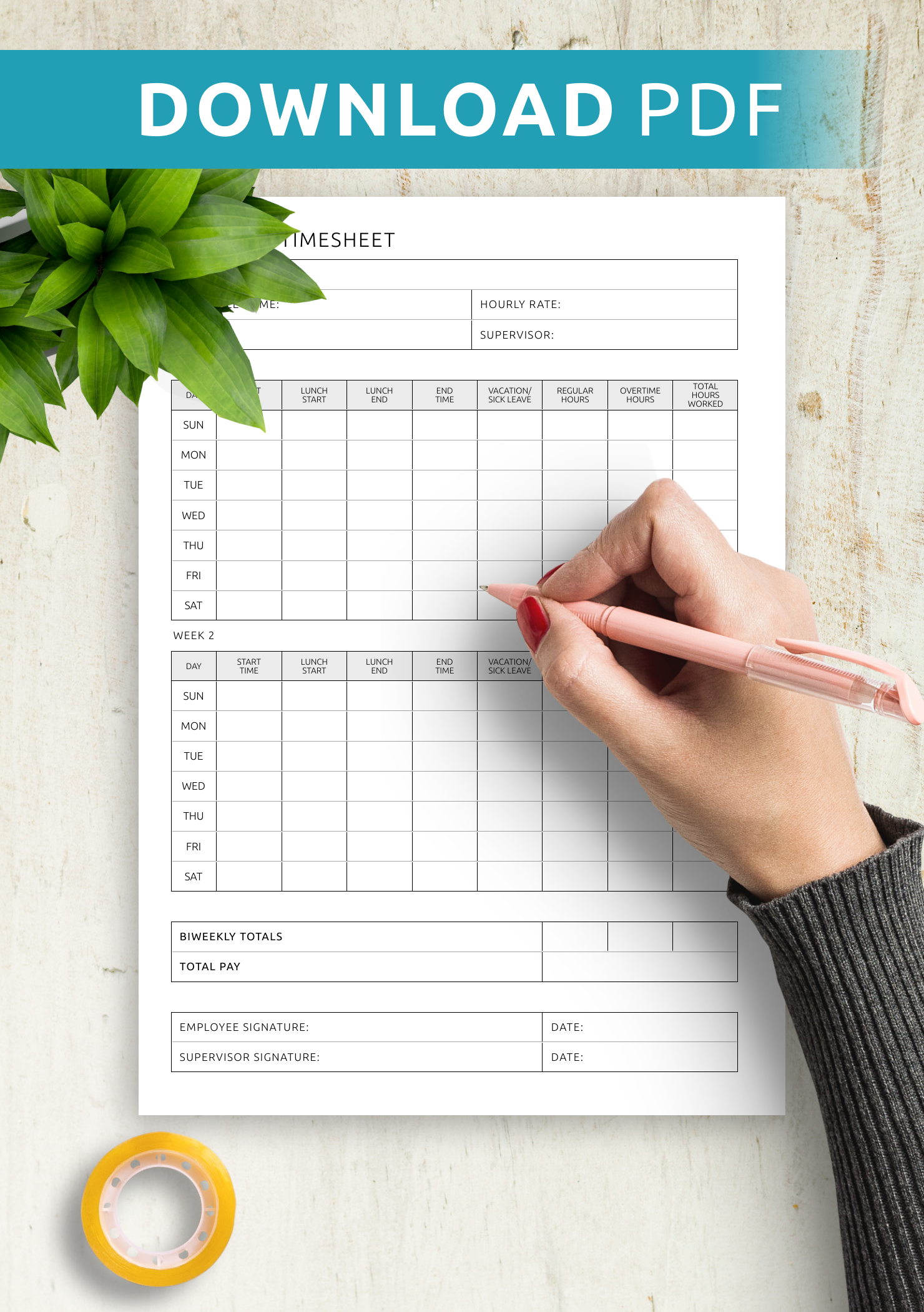 Download Printable Biweekly Timesheet Template PDF