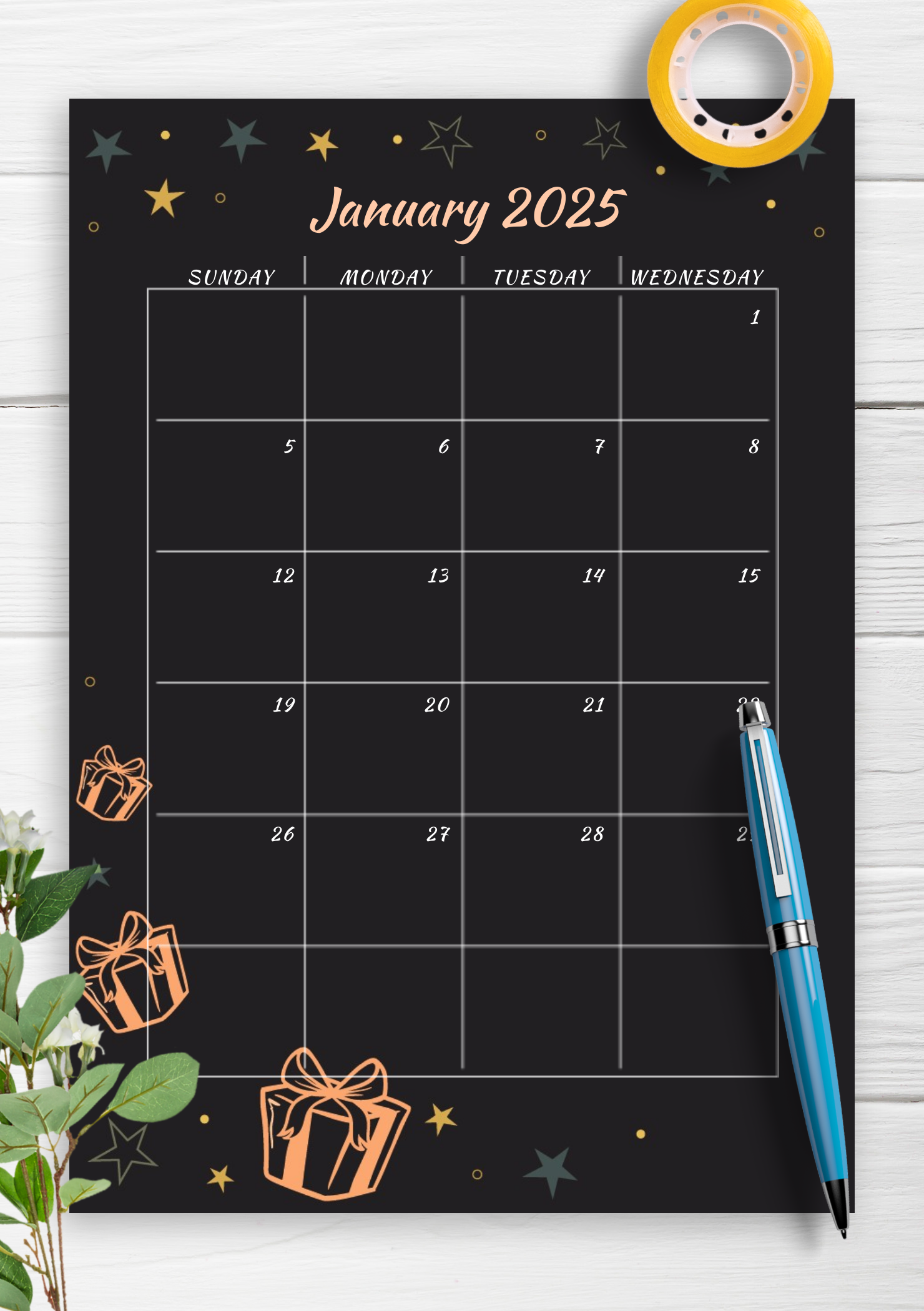 Download Printable Black Monthly Birthday Calendar PDF