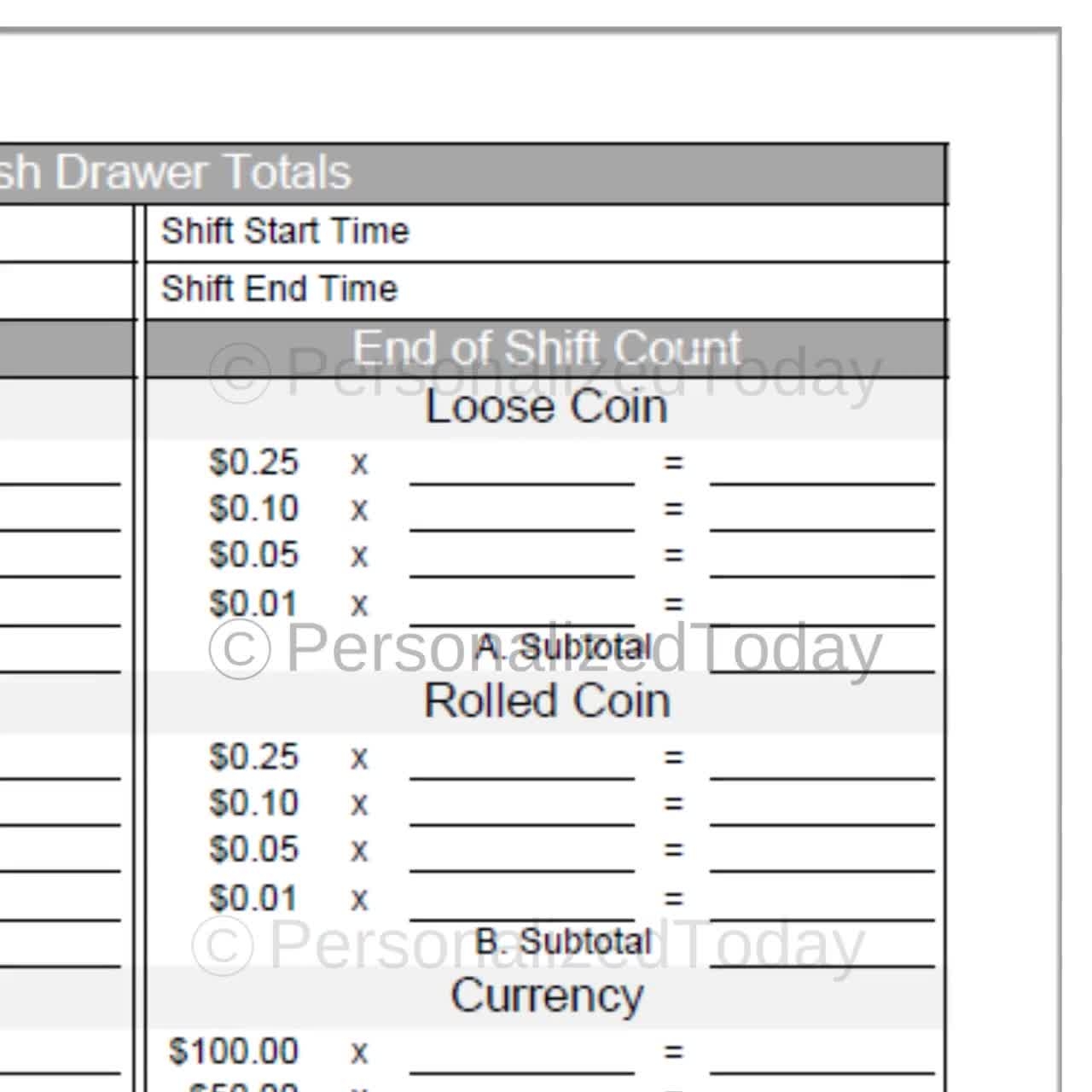 Drawer Count Sheet Printable