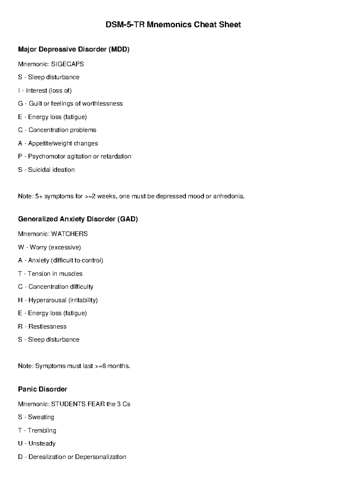 DSM 5 TR Cheat Sheet Mnemonics For Mental Health Disorders Studocu
