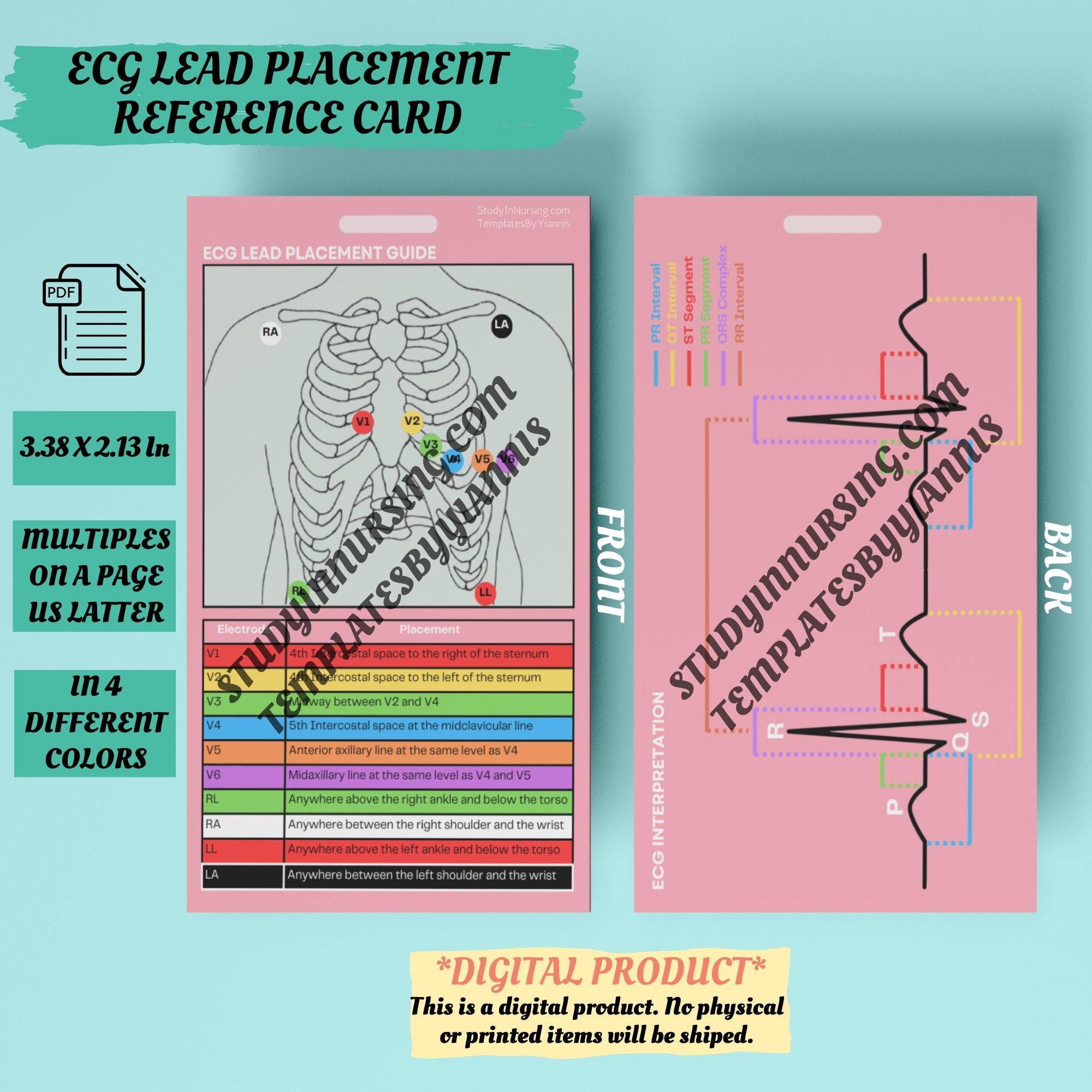 ECG Lead Placement Reference Card ECG Interpretation Guide Medical Pocket Guide Cardiology Resource Nursing Student Reference Etsy