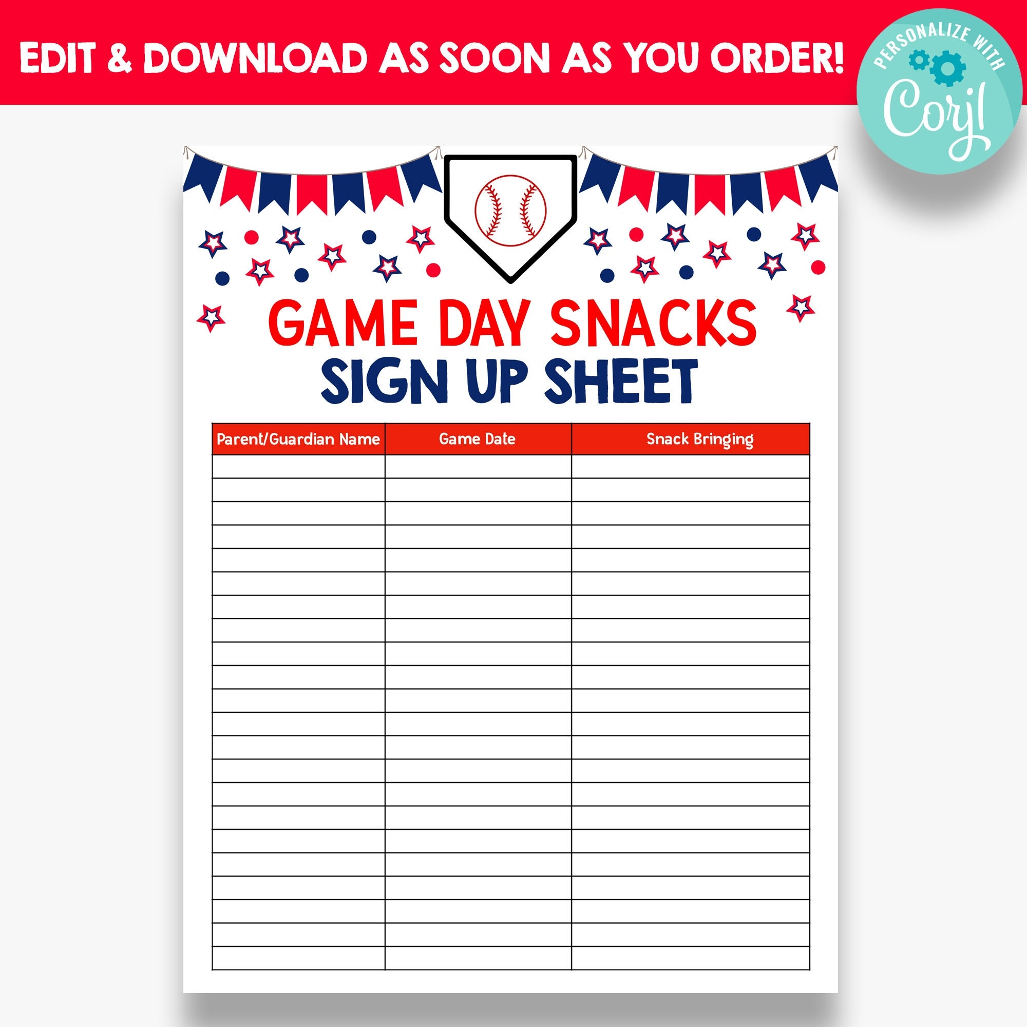 EDITABLE Baseball Snack Sign Up Sheet Game Day Snacks Sign Up Printable Baseball Volunteer Form Snack Sign Up Sheet Etsy