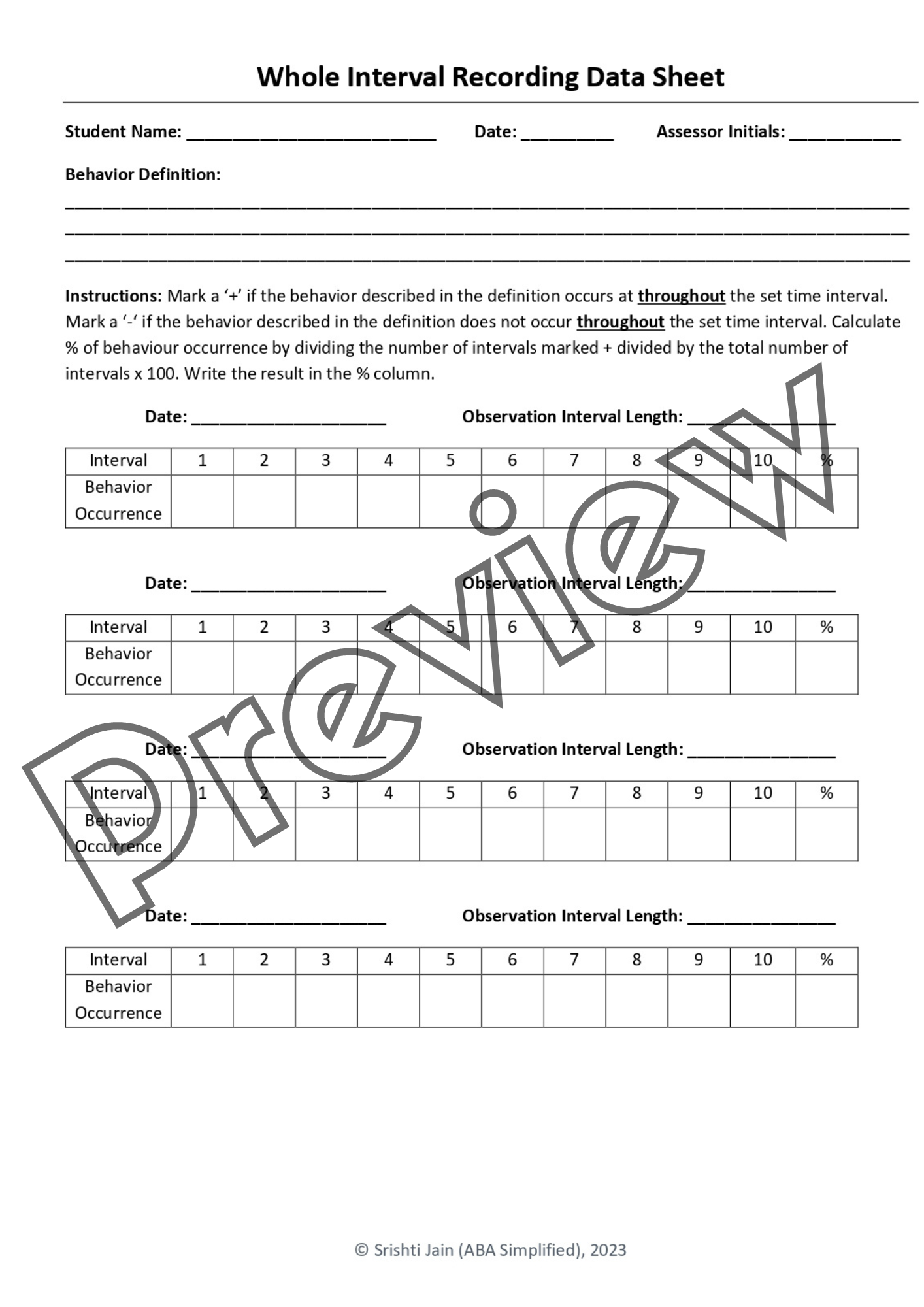 Editable Interval Recording Data Sheets For ABA Therapy Made By Teachers