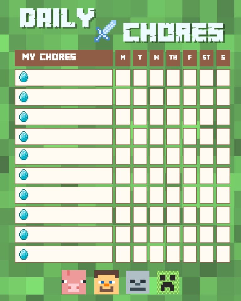 Editable Minecraft Chore Chart For Kids Etsy