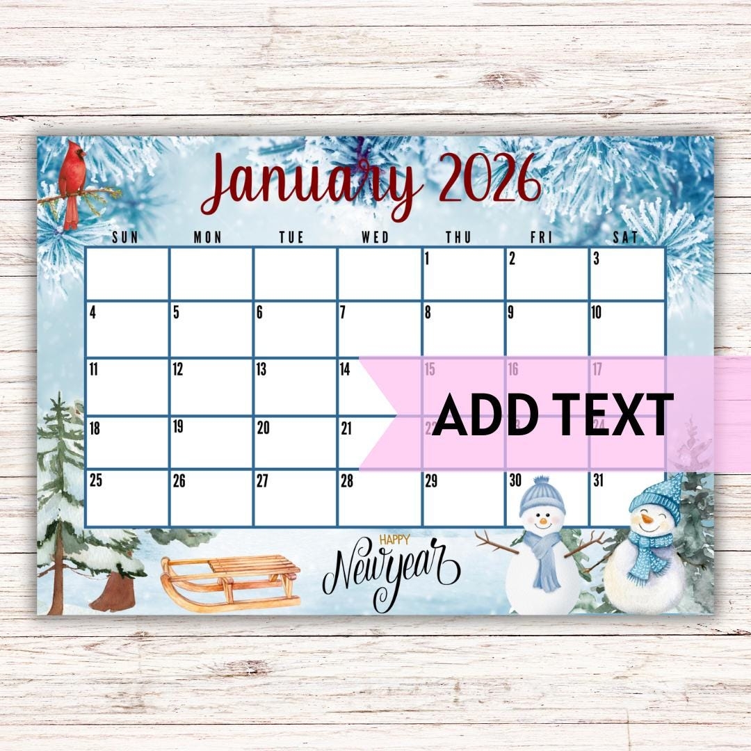 EDITABLE Printable January 2026 Calendar Beautiful Winter Scene New Year s Day Themed Calendar Holiday Calendar January Calendar Etsy