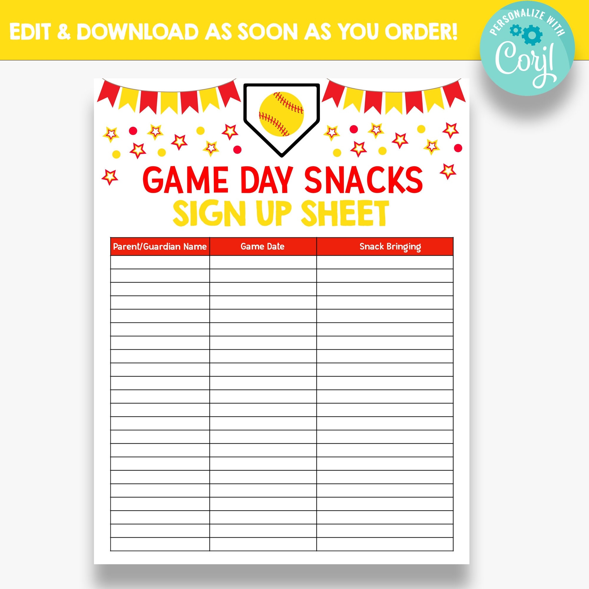 EDITABLE Softball Snack Sign Up Sheet Game Day Snacks Sign Up Printable Softball Volunteer Form Snack Sign Up Sheet Etsy