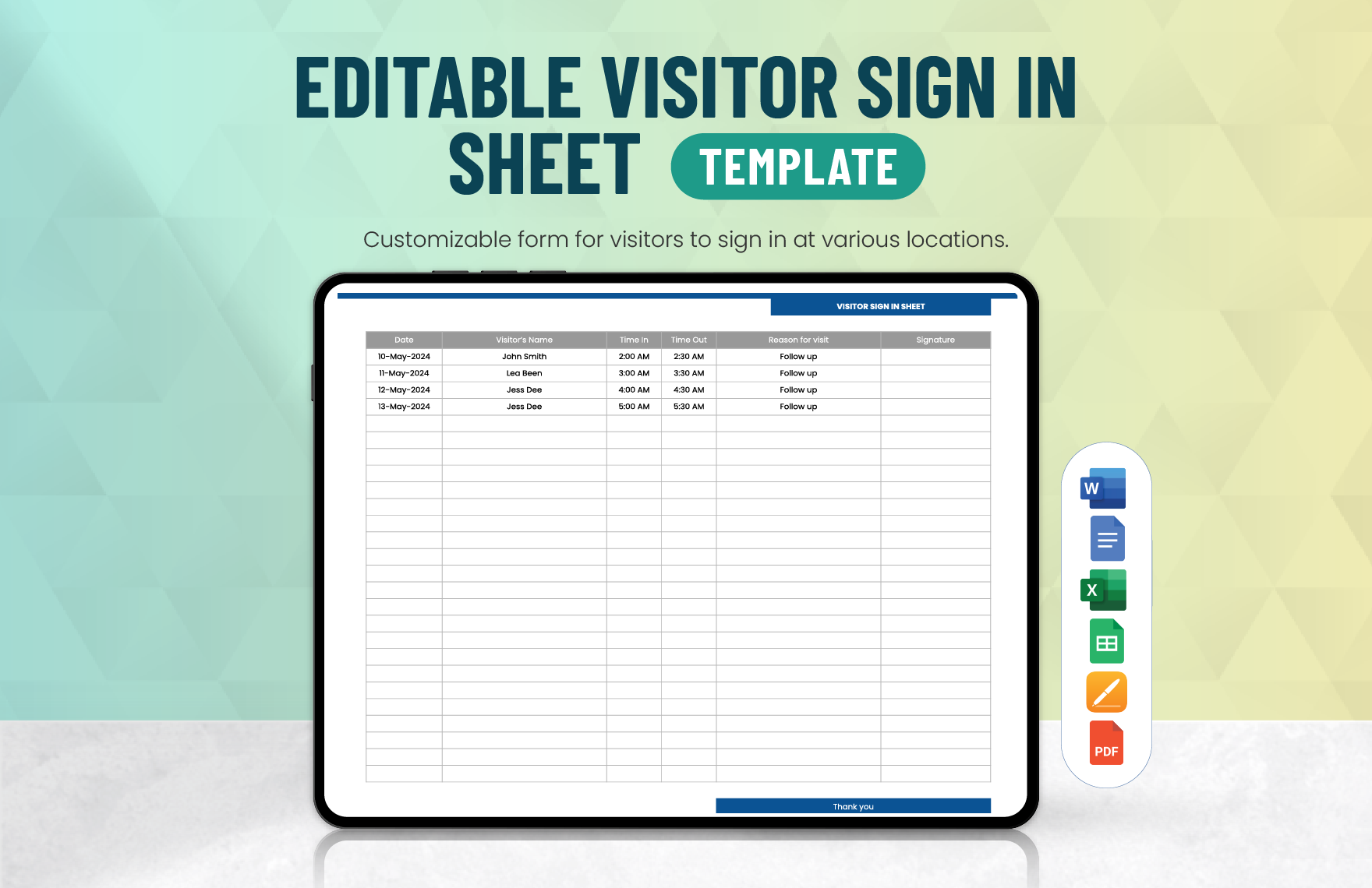 Editable Visitor Sign In Sheet Template In Word PDF Apple Pages Google Docs Excel Google Sheets Download Template