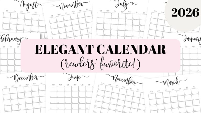 Elegant Printable Calendar 2026 By SaturdayGift Readers Favorite 