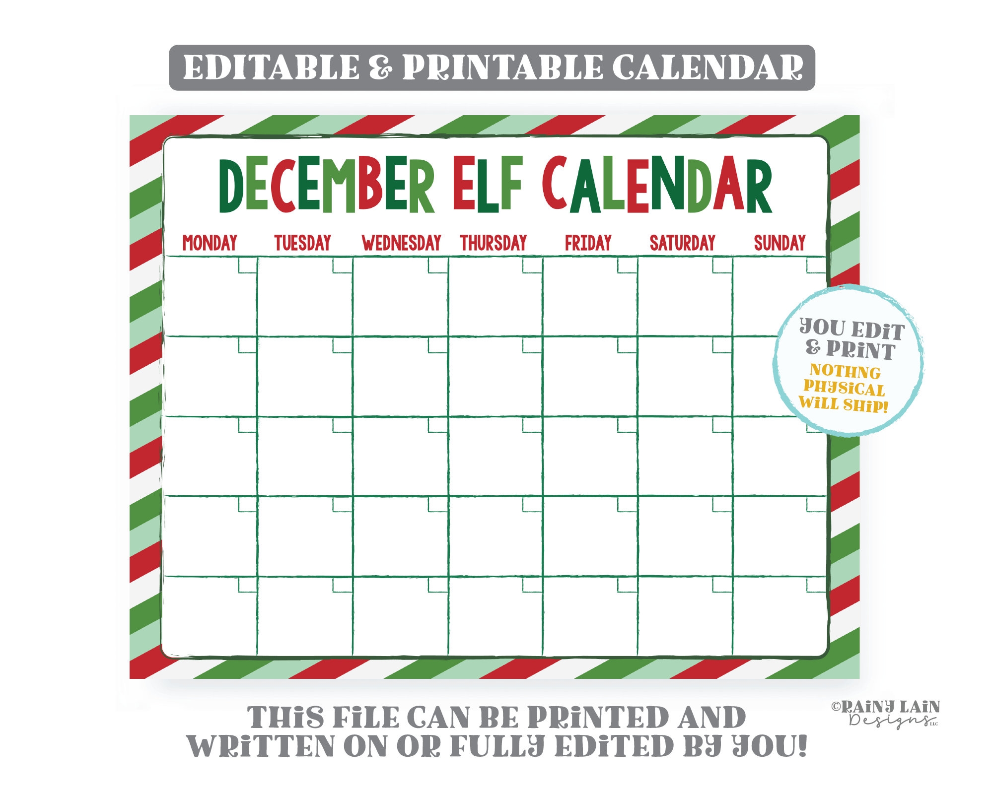 Elf Planning Calendar Printable Elf Calendar Editable Christmas Elf Ideas Elf Printables Instant Download December Calendar Planning Etsy