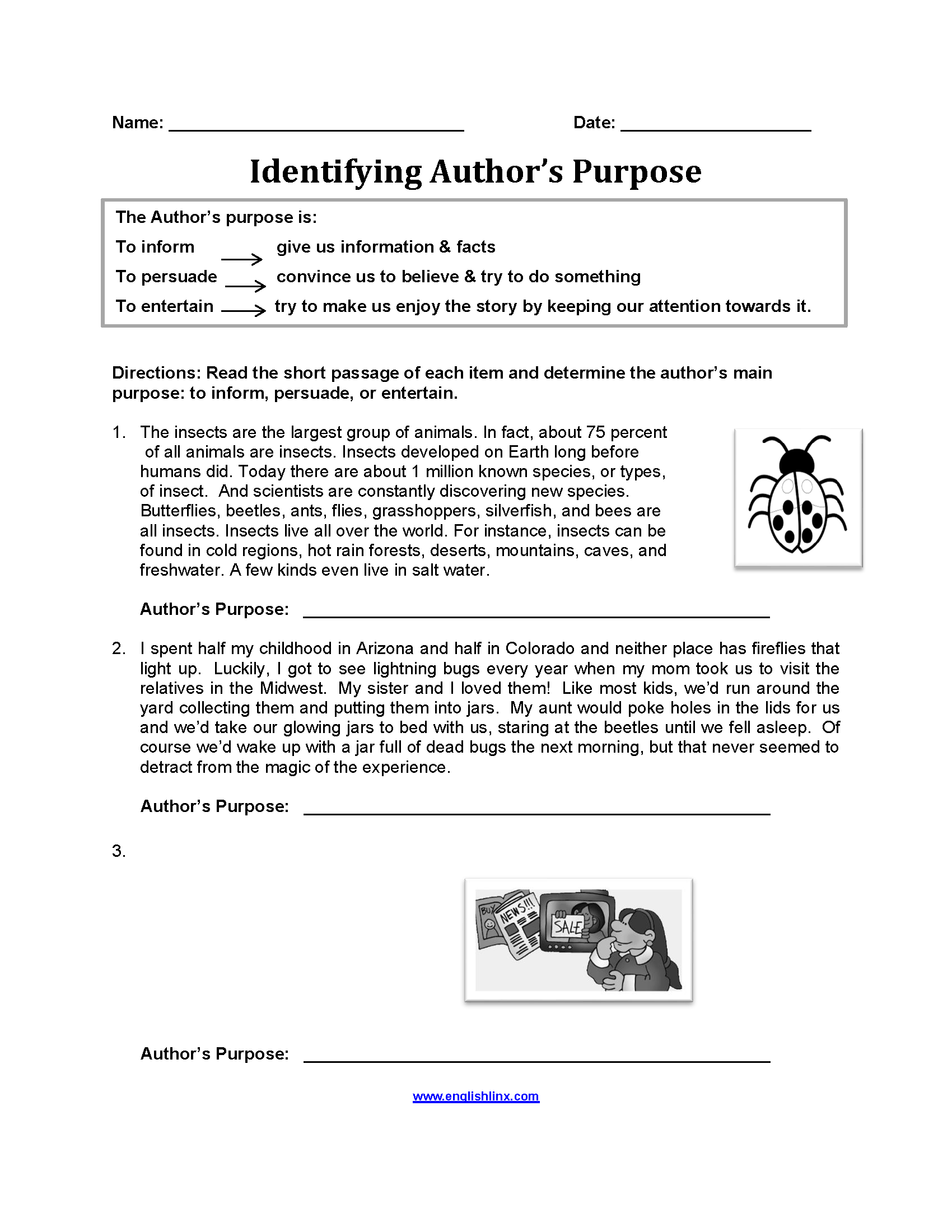 Free Printable Author's Purpose Worksheets