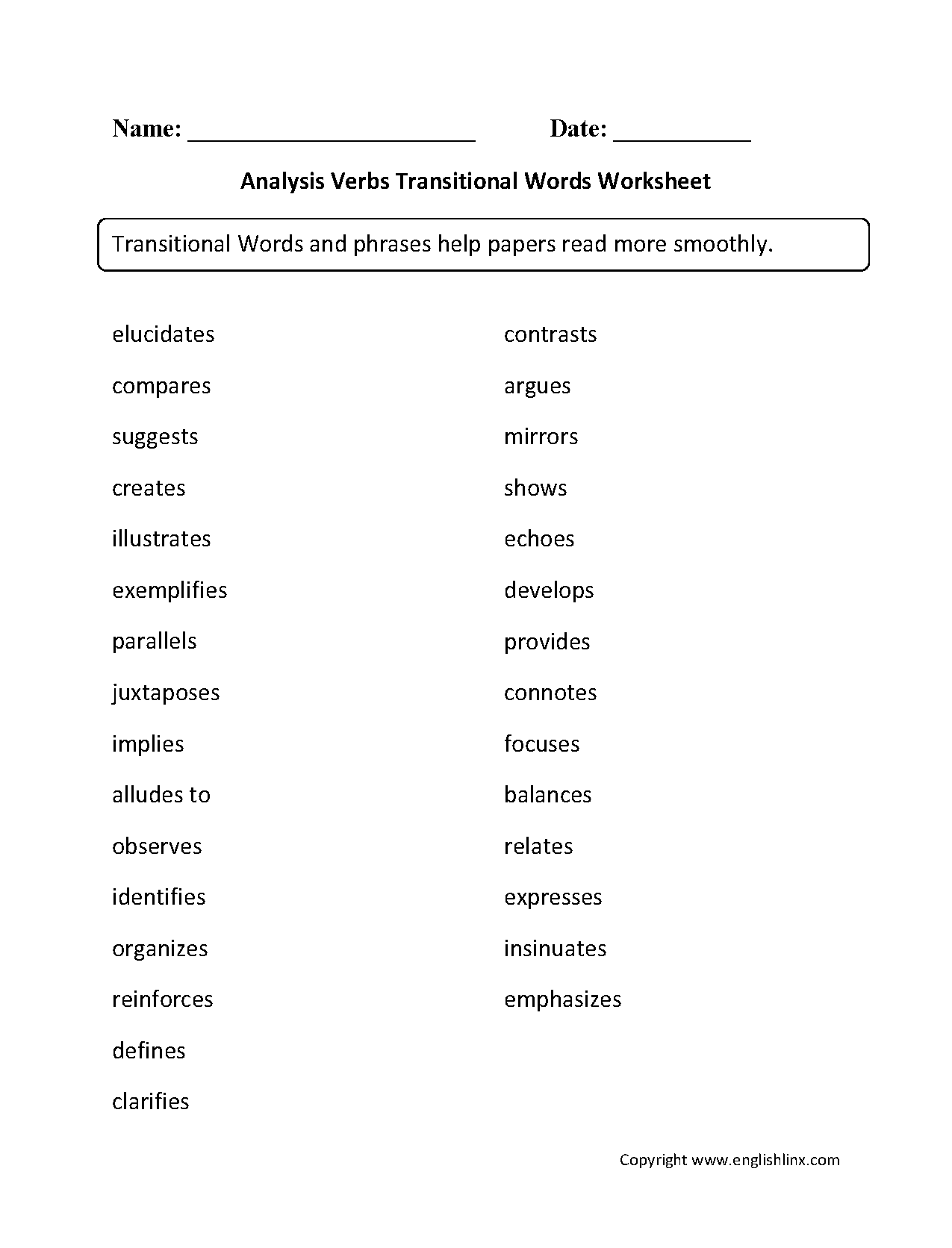 Englishlinx Transitional Words Worksheets