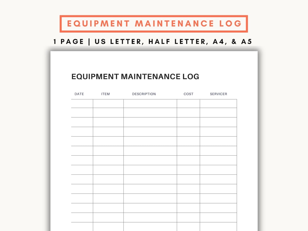 Equipment Maintenance Log Printable Repair Log Equipment Expense Tracker A5 Planner Inserts Etsy