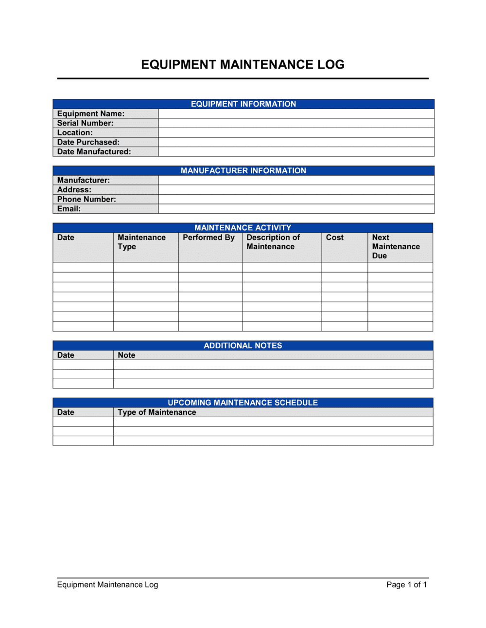 Equipment Maintenance Log Template Word PDF Free Trial