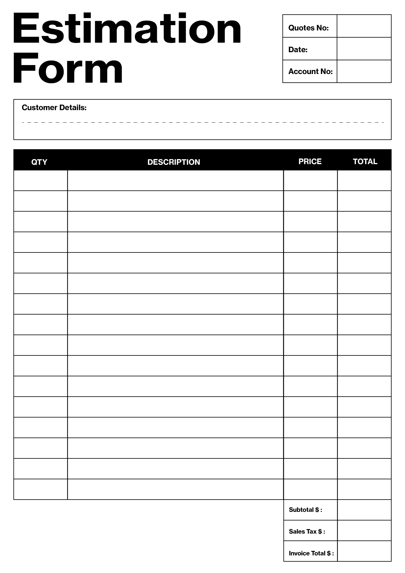 Printable Estimate Sheet