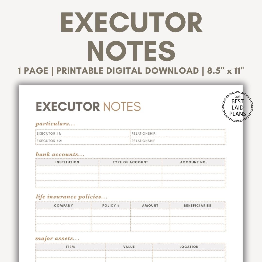 Executor Notes Printable PDF Estate Executor Notes Will Executor Notes Digital Download Estate Planning Printable Life Planning Printable Etsy