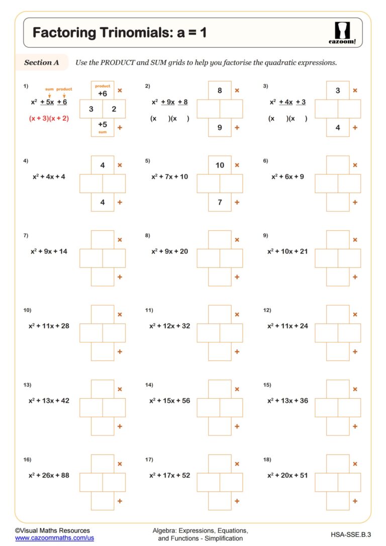 Factoring Trinomials Worksheet PDF Printable Algebra Worksheet Cazoom Math