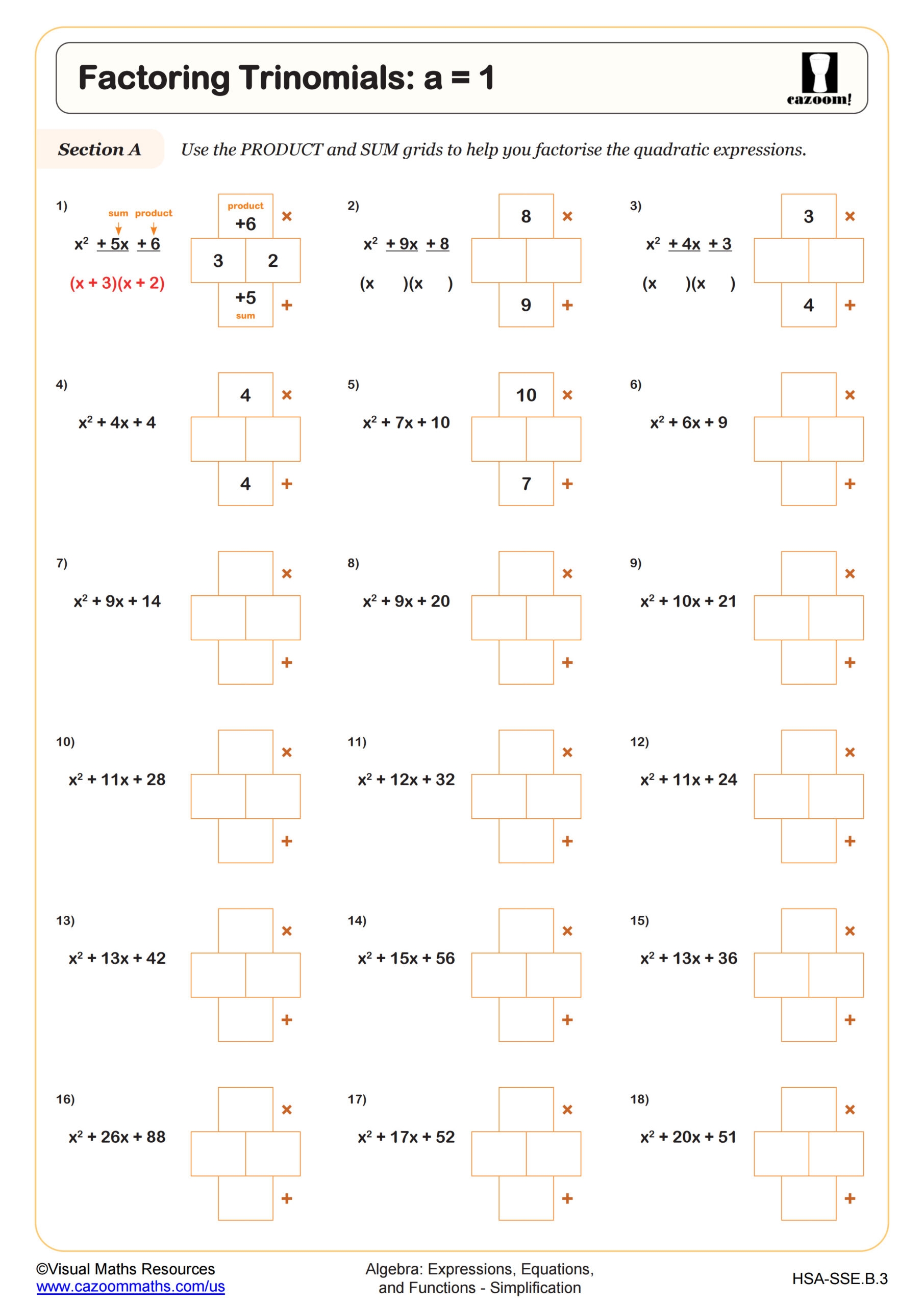 Factoring Trinomials Worksheet PDF Printable Algebra Worksheet Cazoom Math Factoring Trinomials Worksheet PDF Printable Algebra Worksheet Cazoom Math