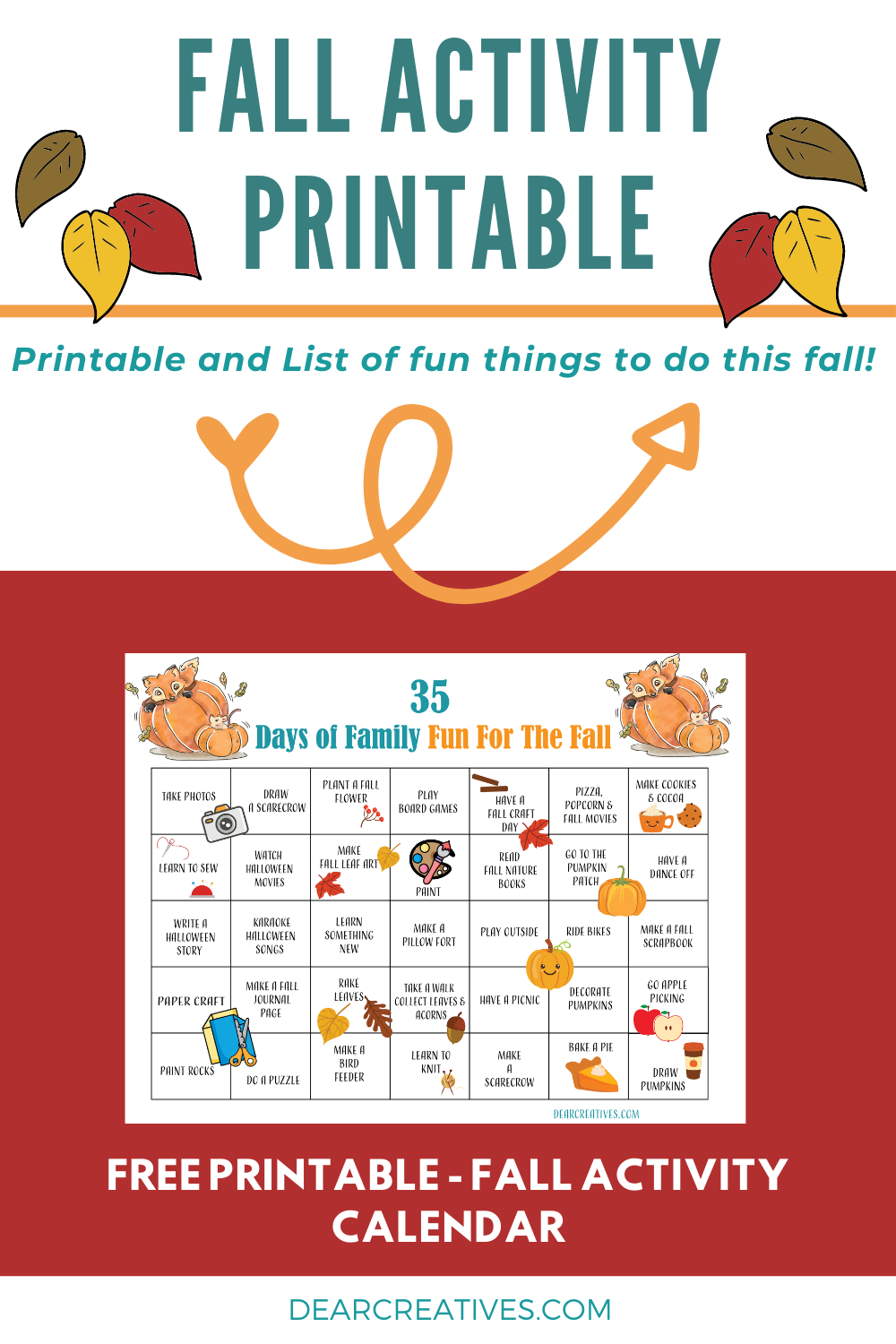 Fall Activity Printable Activity Calendar Dear Creatives