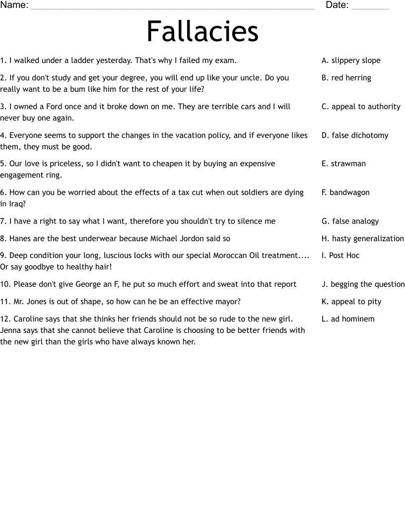 Fallacies Worksheet WordMint Fallacies Worksheet WordMint