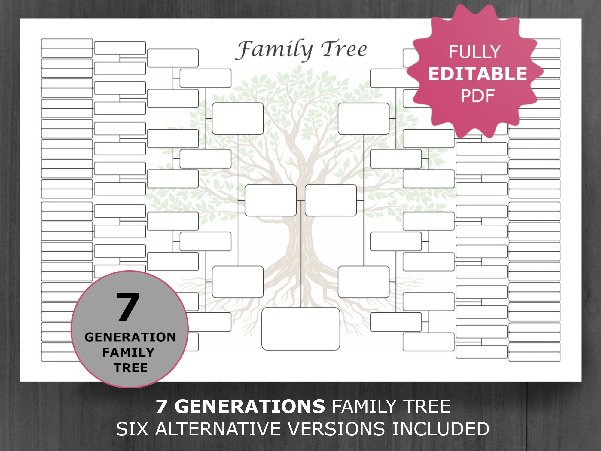 Family Tree Chart 7 Generation Printable And Editable Genealogy Template PDF Etsy