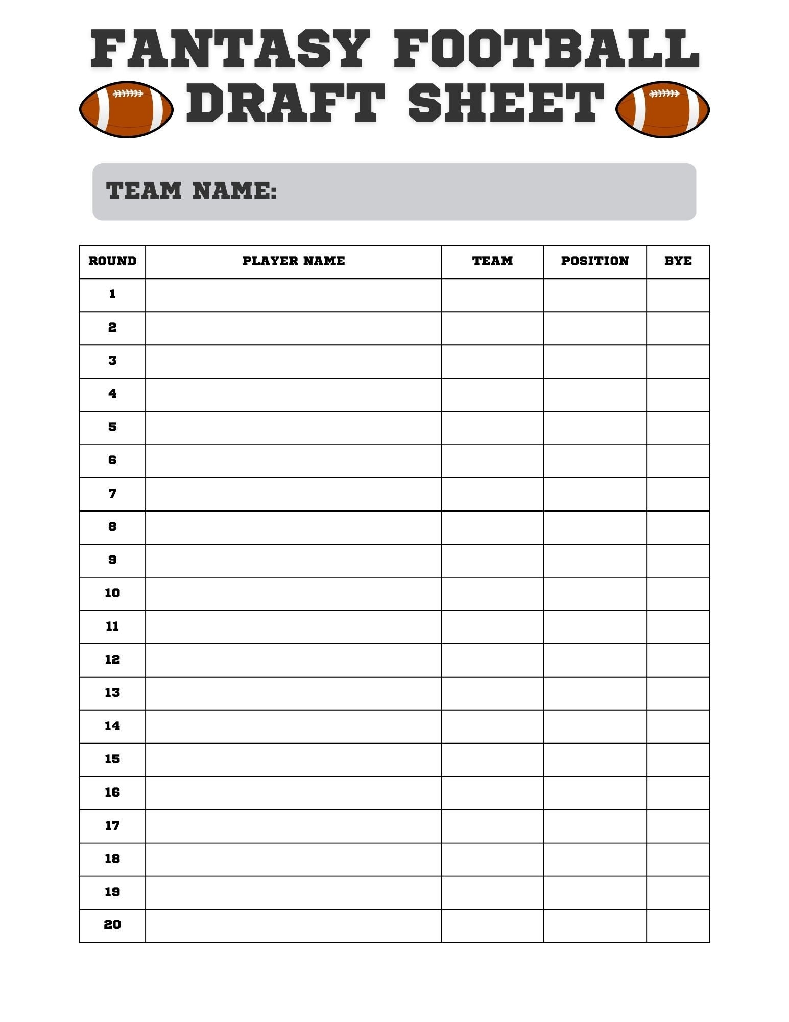 Fantasy Football Draft Sheet Printable NFL Draft Board PDF JPEG Download Etsy Israel