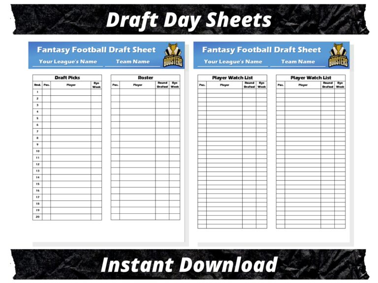 Fantasy Football Draft Sheets 2024 Season Microsoft Word Instant Download Customizable Etsy