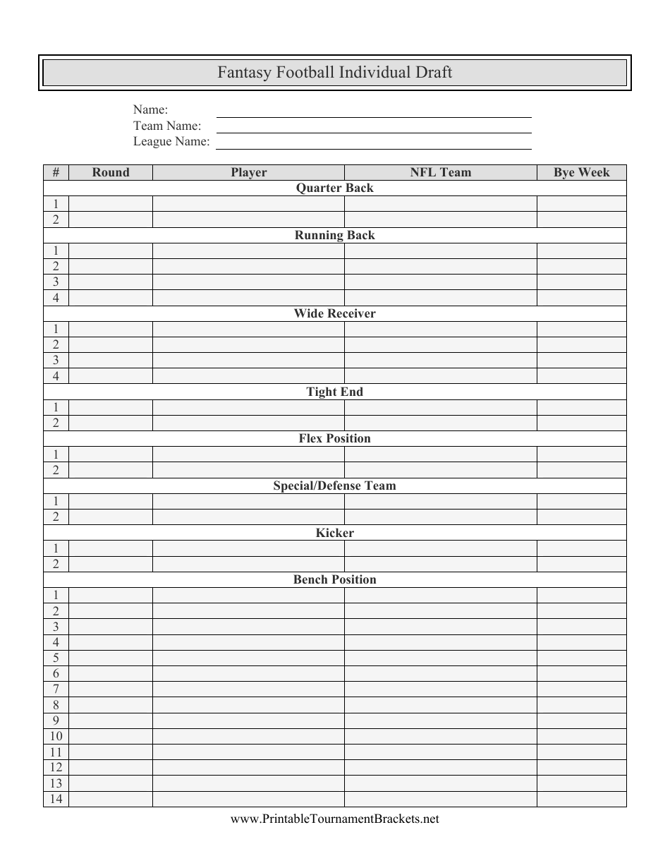 Printable Draft Sheet Fantasy Football