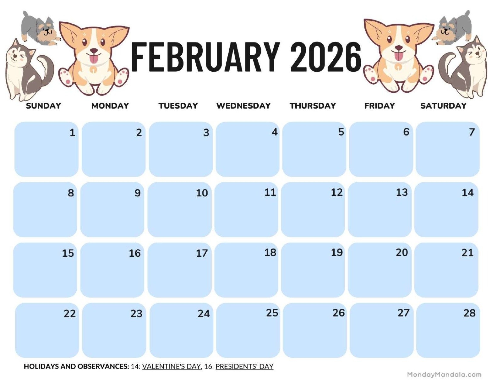 Feb 2026 Printable Calendar