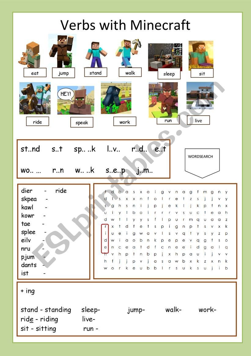 First Verbs With Minecraft ESL Worksheet By Englishspb