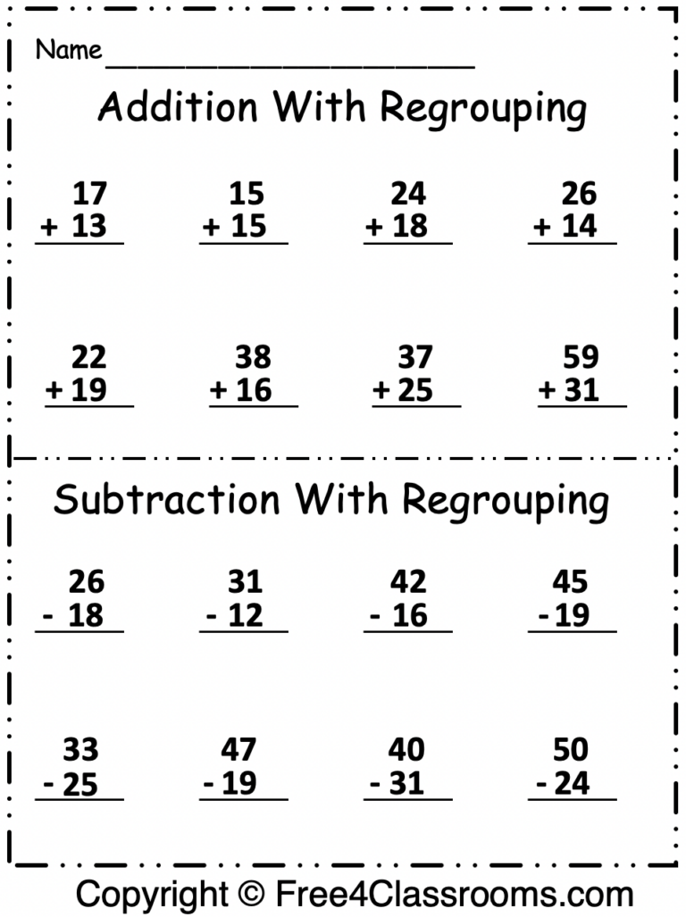 Free 2 Digit Addition And Subtraction Regrouping Free Worksheets 