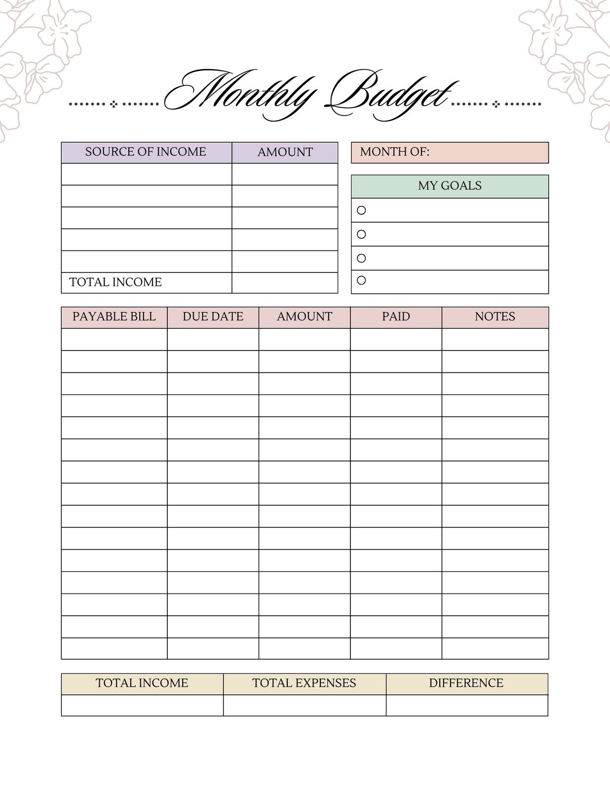 Monthly Budget Calendar Printable