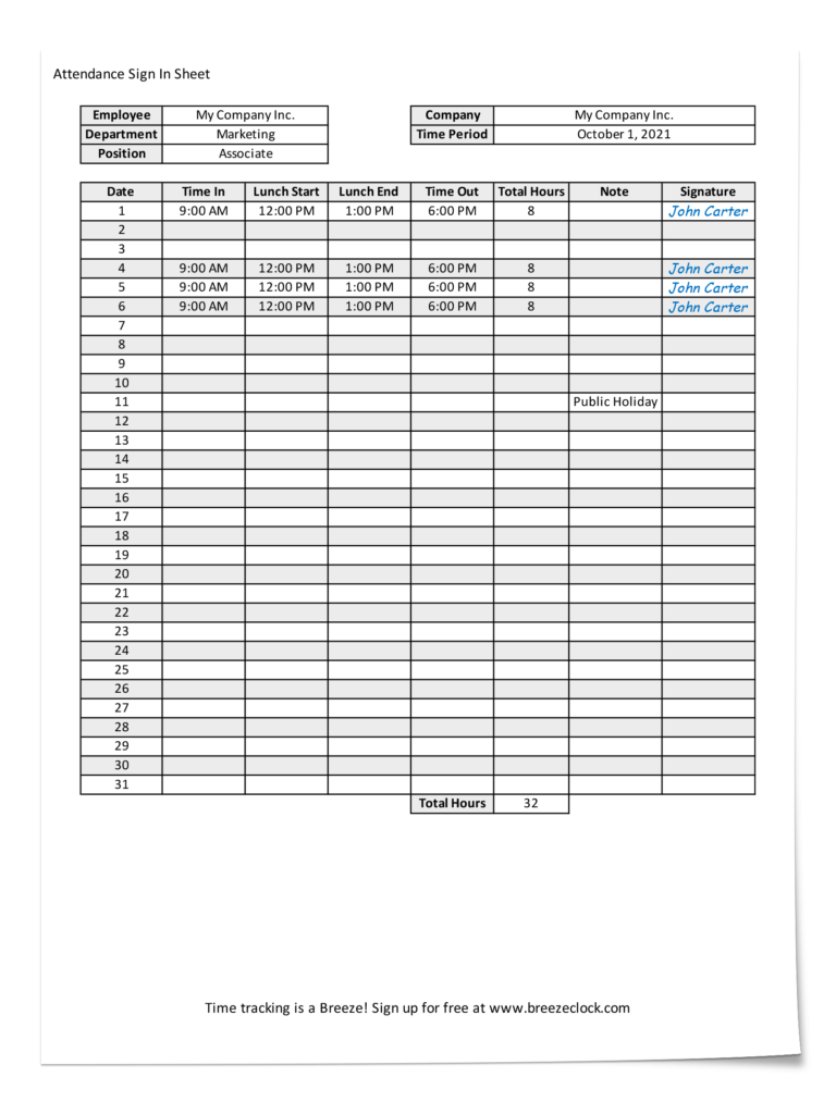 Free Attendance Sheet Template Breeze Clock