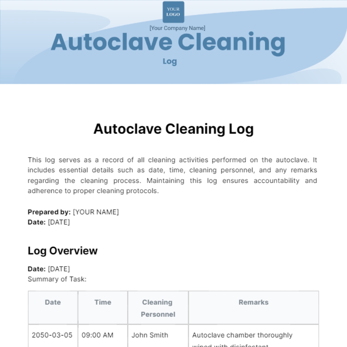 Printable Autoclave Log Sheet