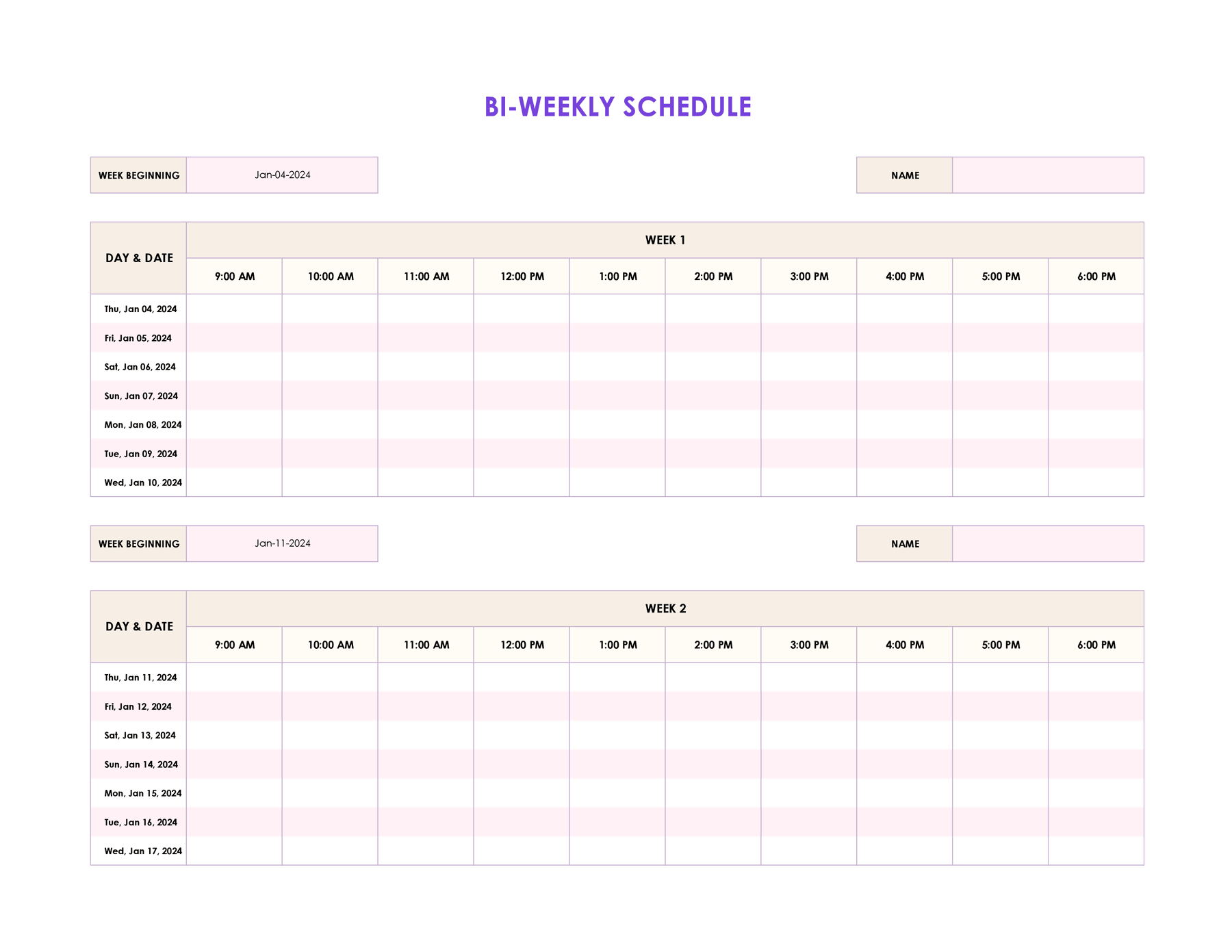 Free Bi Weekly Schedule Template For Excel