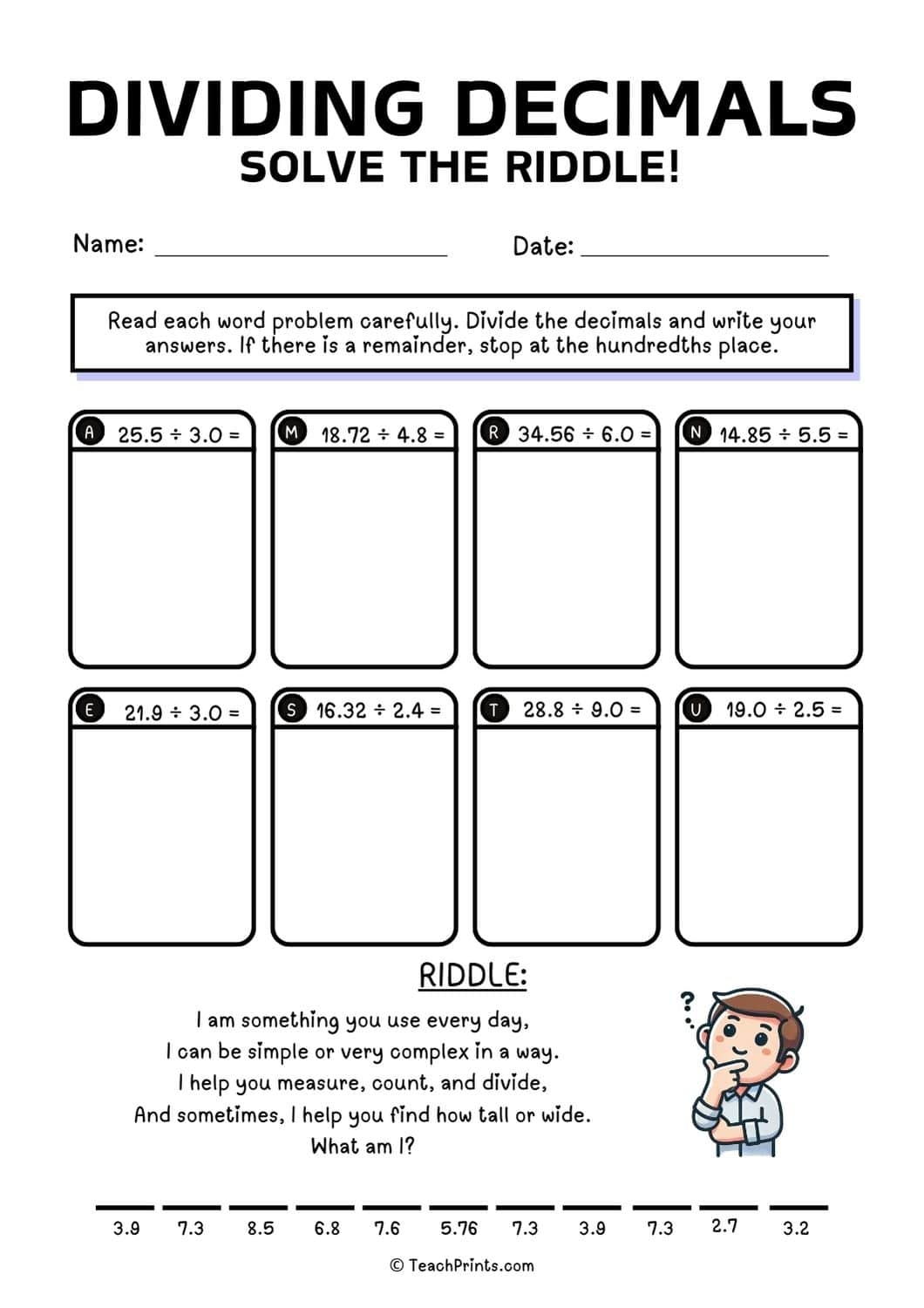 Printable Dividing Decimals Worksheets