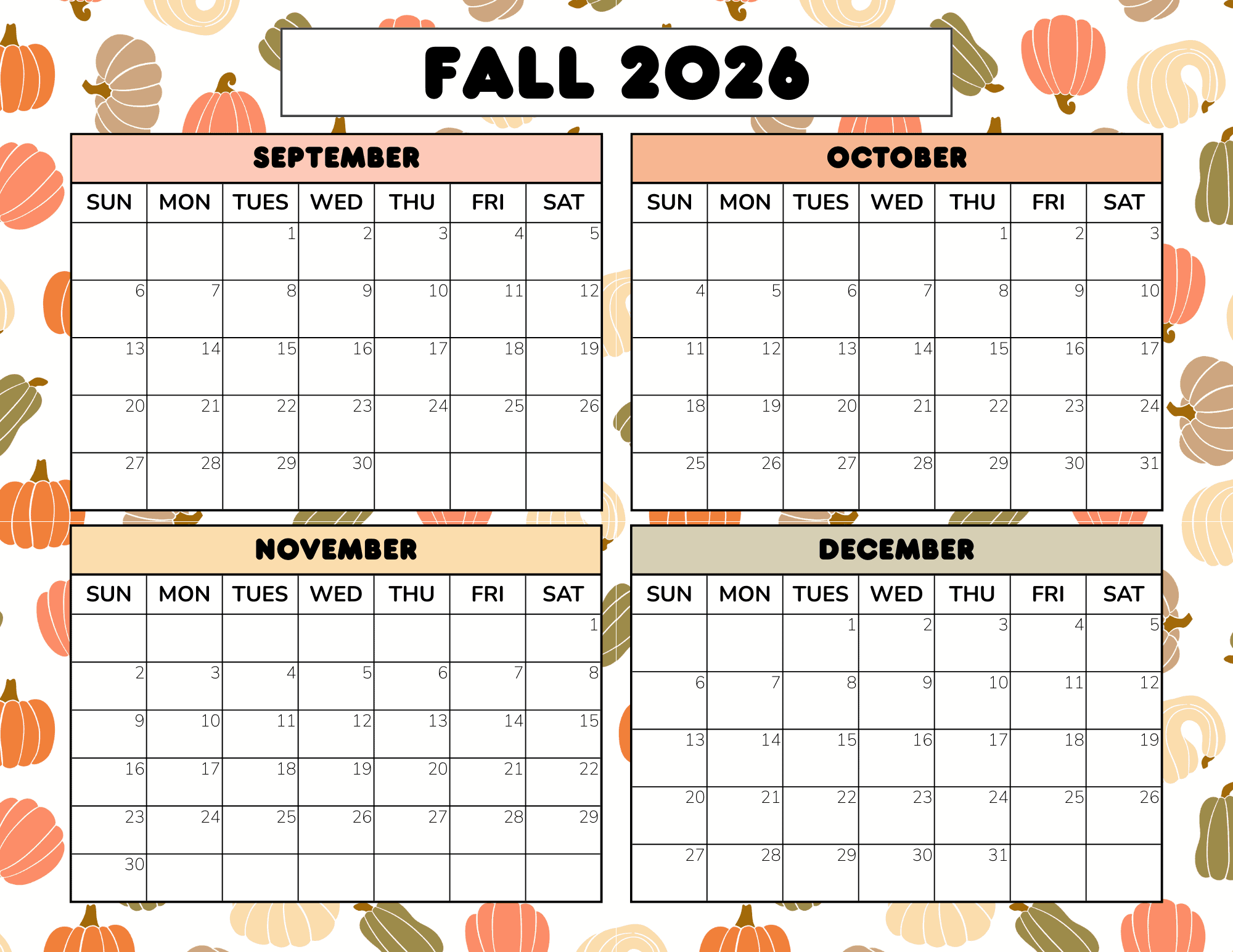 Free Fall 2026 Calendar Printable PDF