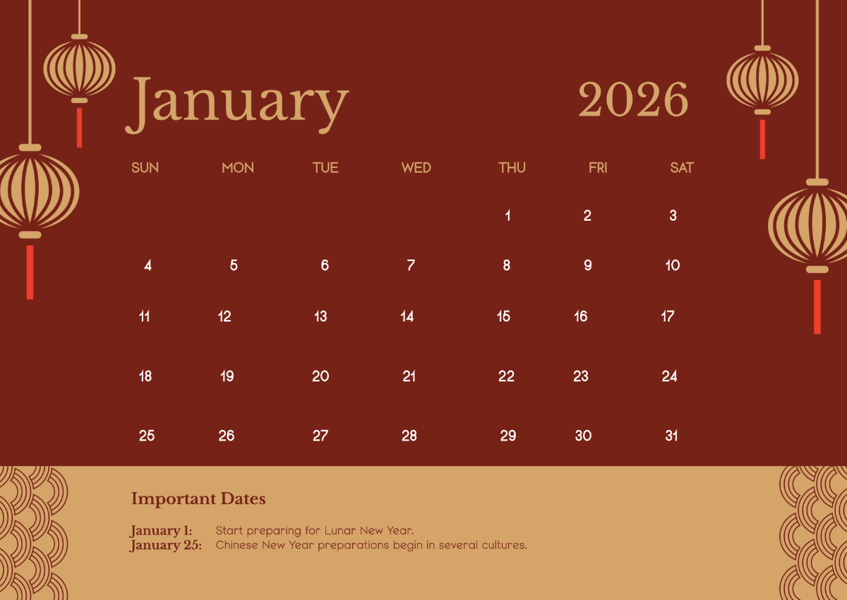 Free January 2026 Lunar Calendar Template To Edit Online