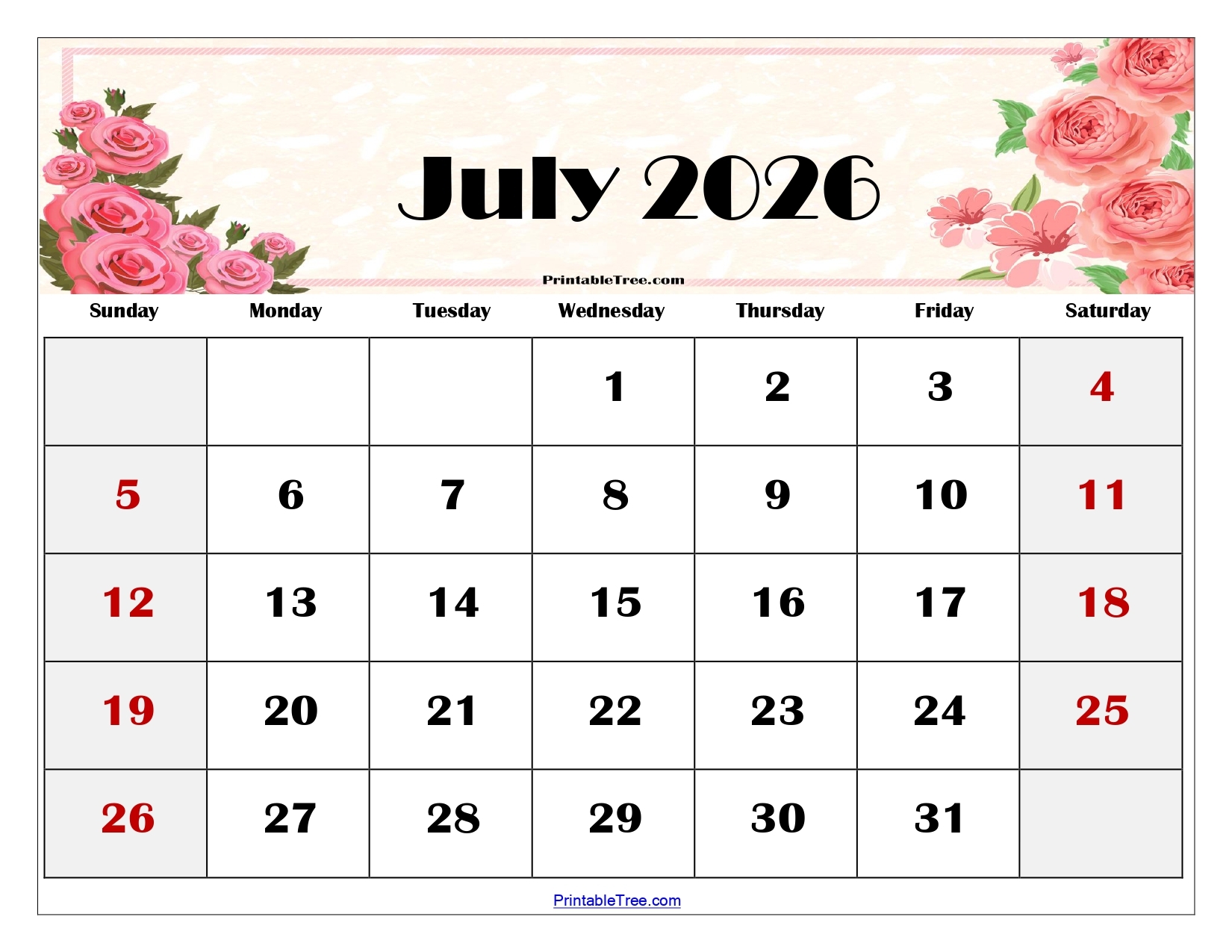 July Free Printable Calendar 2026